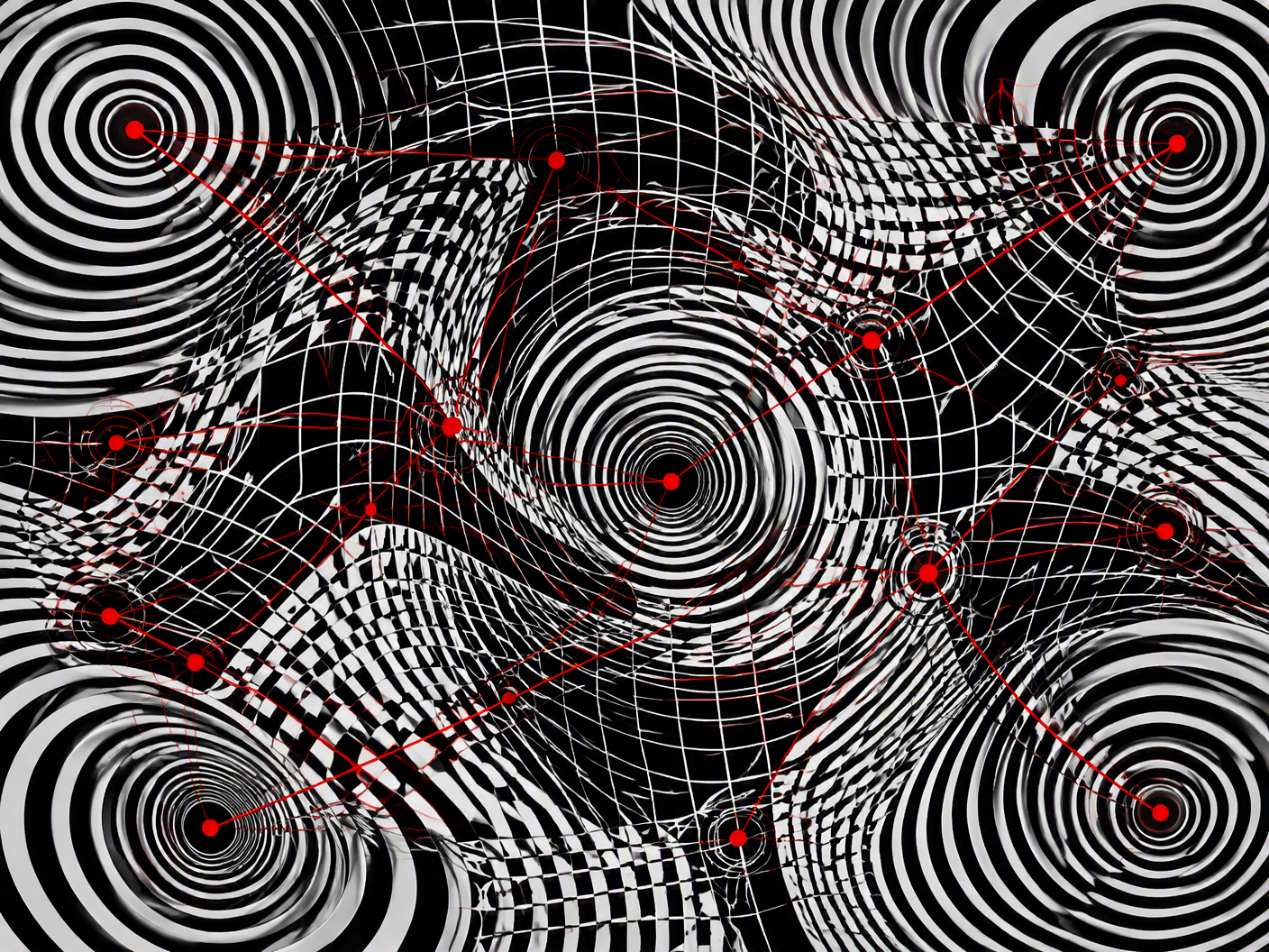 Black and white warped grids intersected by red lines creating a hypnotic, vibrating pattern symbolizing unstable networks of communication and contested truth in the Calciopoli scandal.