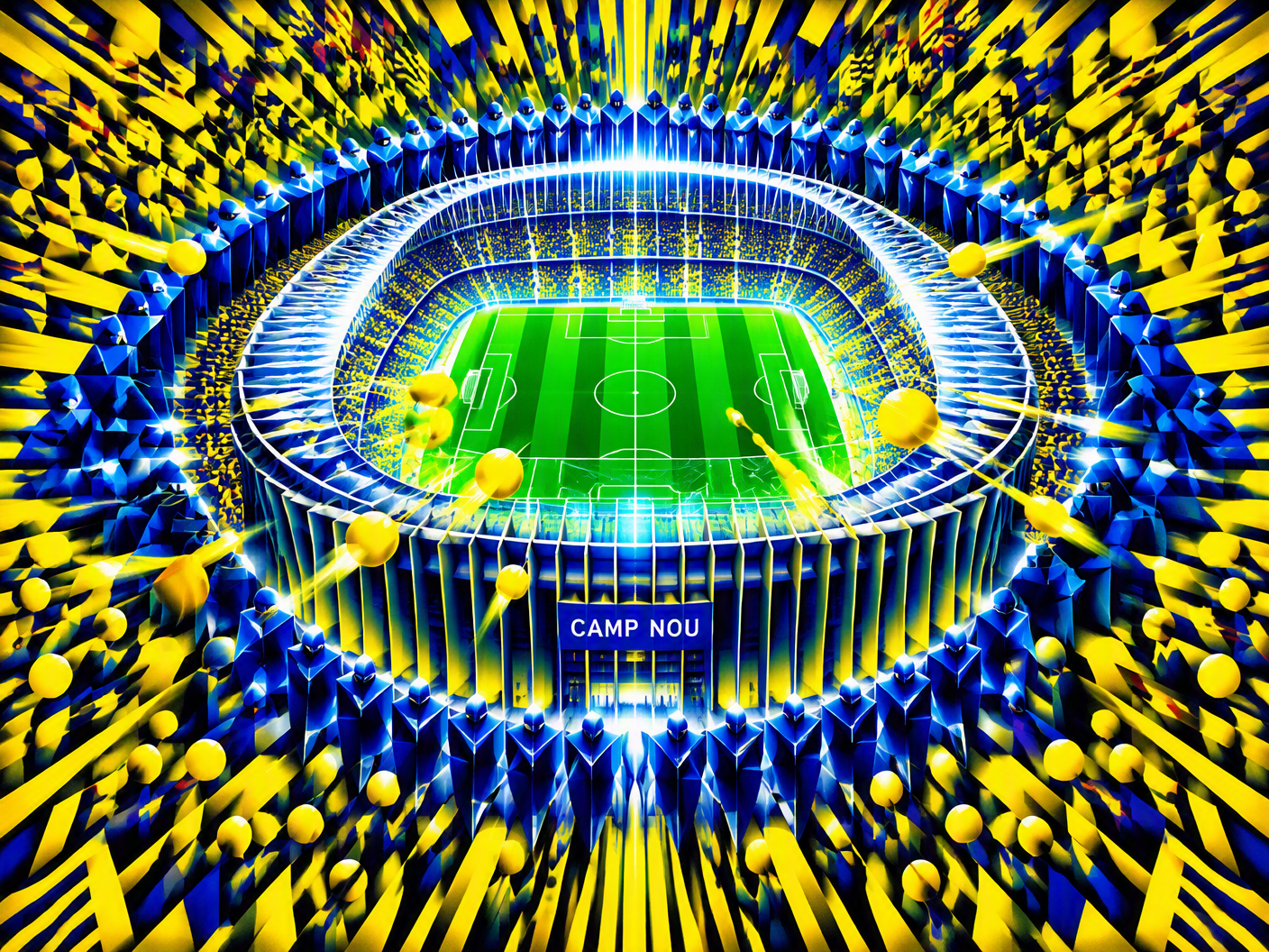 Abstract chromatic op art image showing Camp Nou stadium in radiant geometry surrounded by vibrant yellow shapes symbolizing protesters and blue shapes representing police, with yellow forms crossing onto the green pitch to depict the 2019 protest interruption during the Barcelona-Real Madrid match.