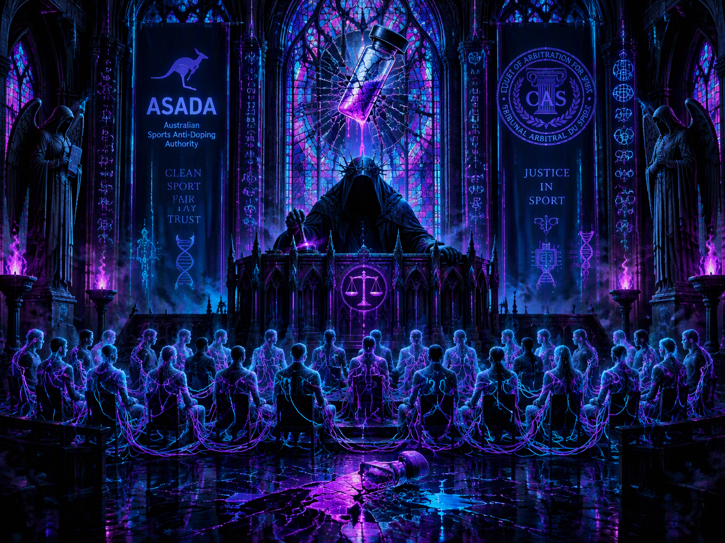 Gothic neon fantasy courtroom with a looming judge figure, ghostly players entwined in glowing organic cables, stained glass showing a shattered vial, all in a dark cathedral infused with neon blues and purples symbolizing a haunted anti-doping judgment.