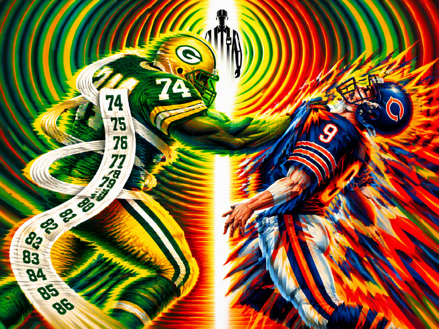 Abstract chromatic op art image showing two vibrating silhouettes in Green Bay Packers green and Chicago Bears blue confronting each other. A white towel with numbers morphs around the Green Bay figure, symbolizing hostility. A luminous vertical beam divides the scene, representing the referee’s judgment. The background pulses with radiant greens, reds, and yellows evoking tension and impact.