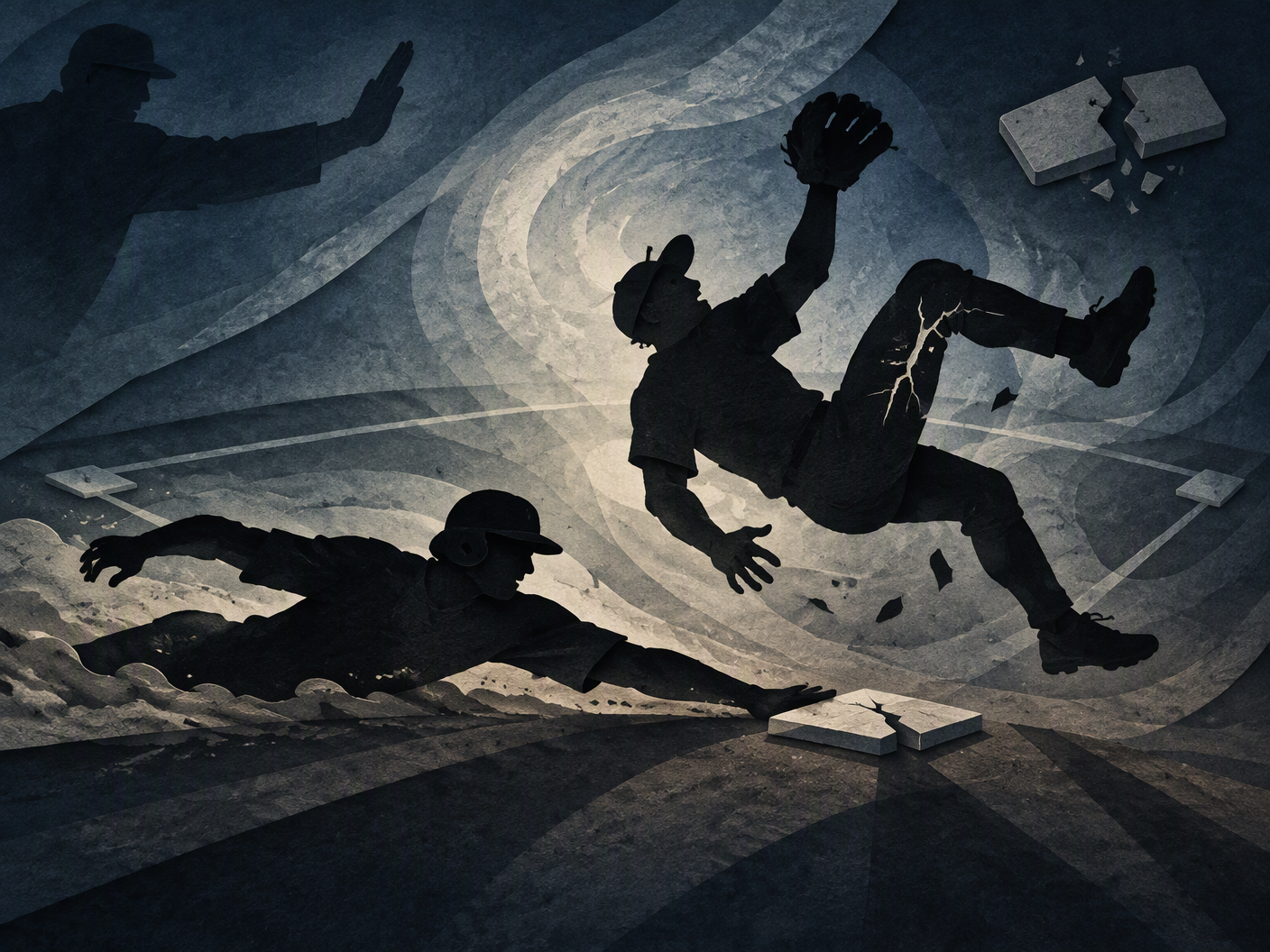 Silhouette cut-paper art showing two abstract baseball players in a dramatic collision at second base, with one sliding aggressively and the other falling backward with a fractured leg, set against a shadowy stylized baseball field in muted blue and gray tones.