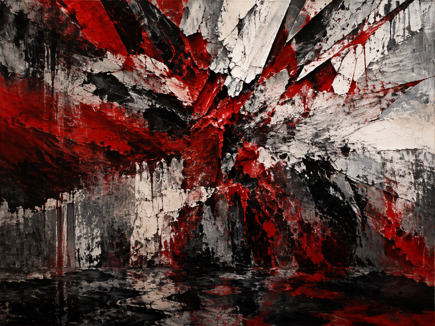 An abstract expressionist painting showing thick, poured layers of red, black, white, and gray paint with aggressive brushstrokes and scraped textures, symbolizing intense emotional rupture and the breakdown of a wrestling community amid scandal and closure.