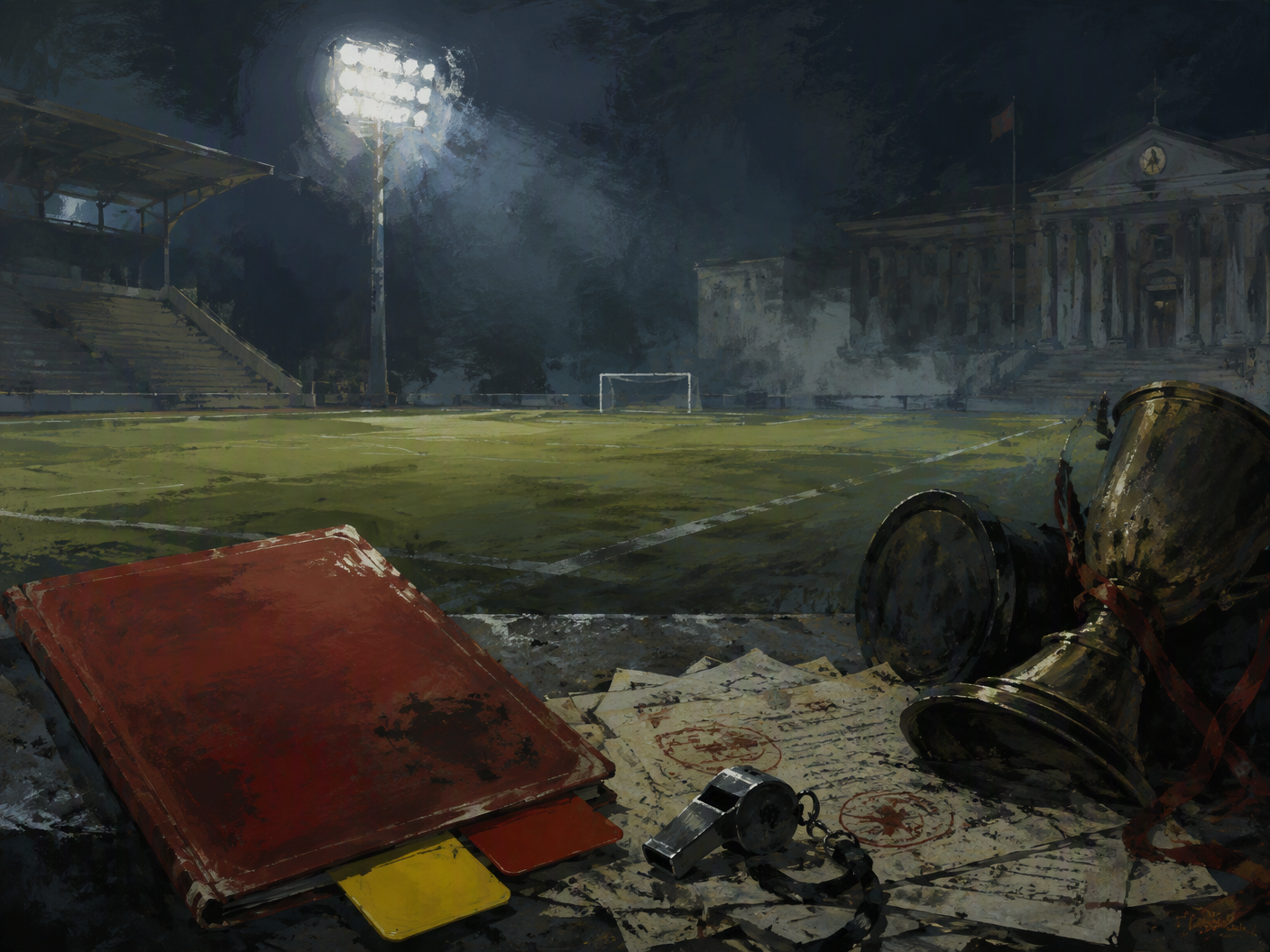 A gouache painting shows an empty floodlit football field at night with a referee whistle, red folder, papers, and a partially shadowed trophy in the foreground.