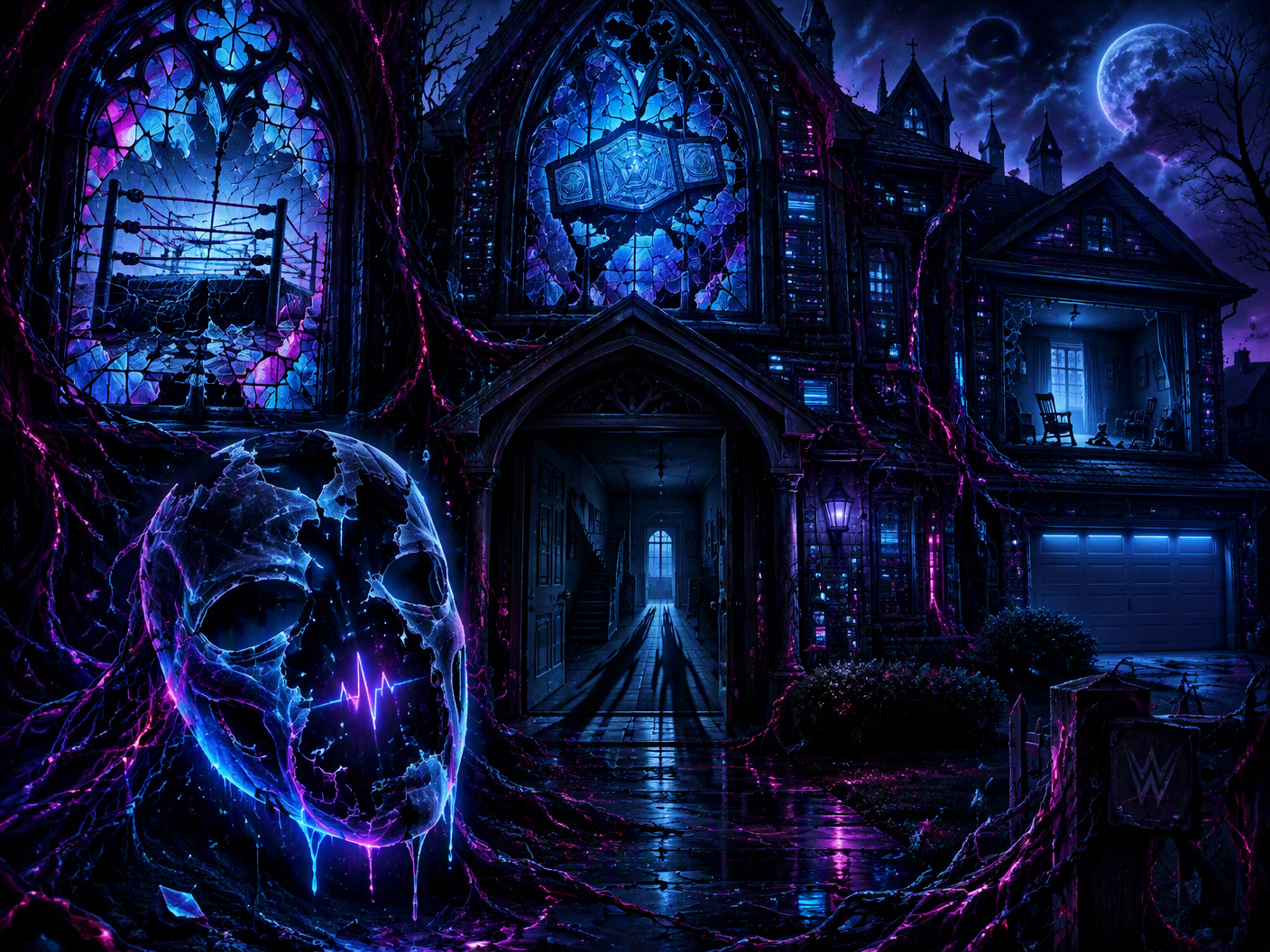 A gothic neon fantasy landscape of a dystopian suburban home transformed into a haunted cathedral, with battered stained glass windows showing a broken wrestling ring and a vacant championship belt glowing faintly. Organic cables twist like veins over the dark architecture. A fractured spectral wrestling mask pulses faint neon light in the foreground, symbolizing absence and loss amid an atmosphere of sorrow and haunting silence.