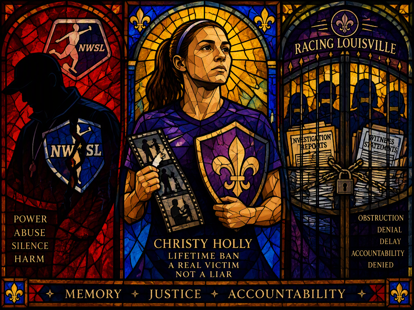 A stained-glass style image divided into three parts: a shadowed coach with a cracked badge, a determined female soccer player holding a torn film reel and shield with a fleur-de-lis, and a barred gate with hidden documents and shadowed figures, all rendered in jewel tones symbolizing abuse, authority, and justice.