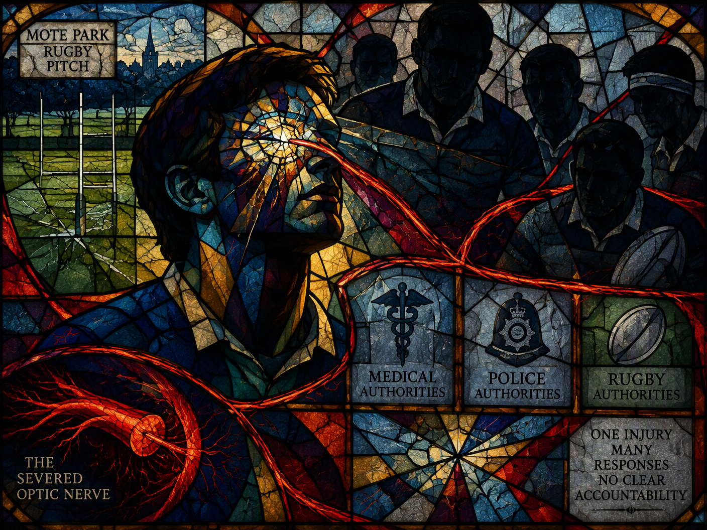 Stained-glass style image showing a rugby player with one bright eye shattered, surrounded by dark, faceless figures and a fragmented rugby pitch background, symbolizing injury, unclear responsibility, and divided institutional responses.