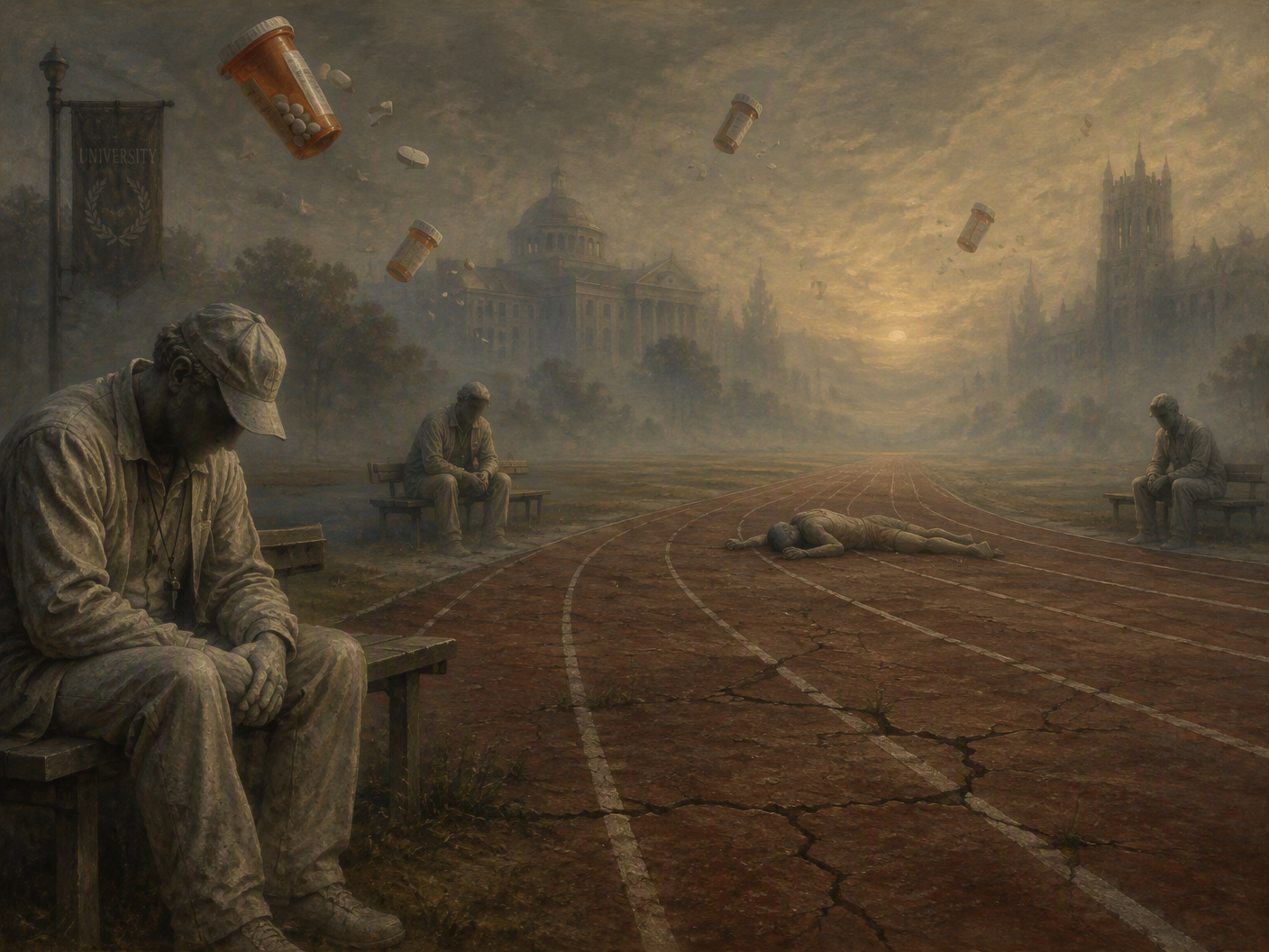 A muted, classical surrealist painting of an empty Clemson university track at dusk with ghostly statues of three coaches sitting apart and a lone athlete collapsed on the cracked track, surrounded by floating pill bottles and fading campus buildings, evoking solitude and reflection on the 1985 drug scandal.
