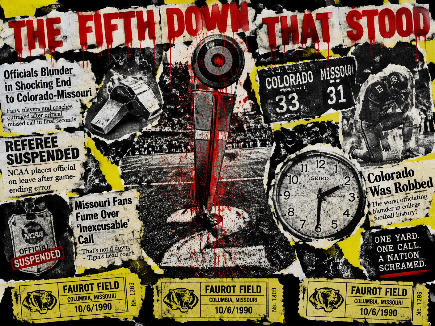 Punk collage image showing a stuck down marker reading '2', a ghostly kneeling quarterback, a scoreboard with 33-31, red ink splatters evoking injustice, and ransom note style letters spelling 'THE FIFTH DOWN THAT STOOD' against a torn paper background.