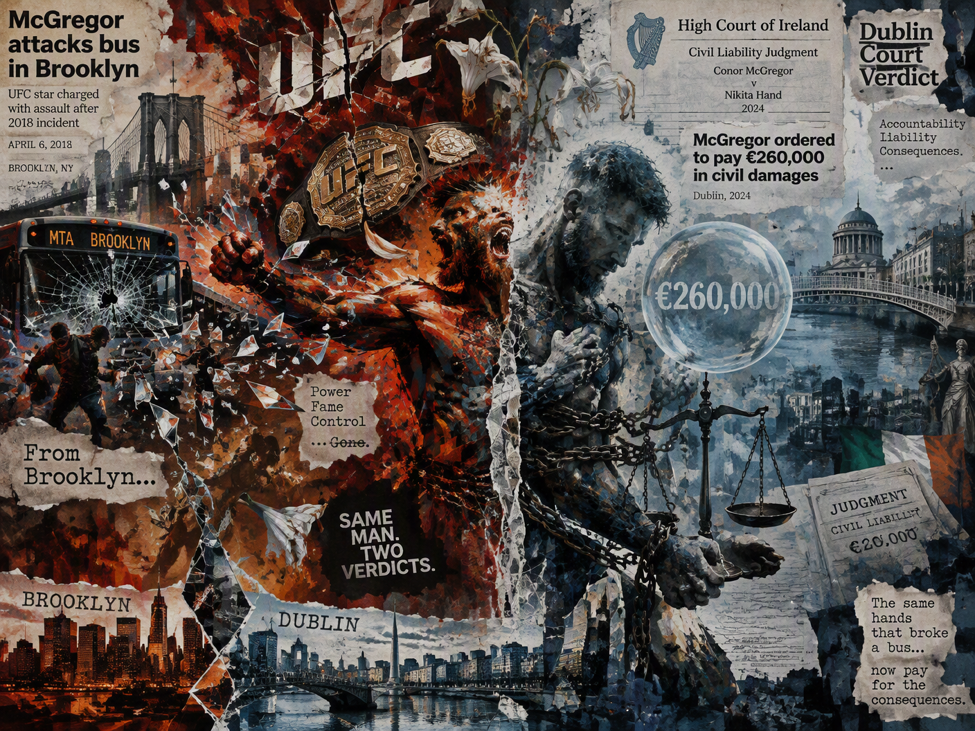 Surreal collage depicting a split figure symbolizing Conor McGregor amid shattered bus glass and abstract forms, blending Brooklyn and Dublin cityscapes with layered legal documents and poetic symbols of judgment and aggression.