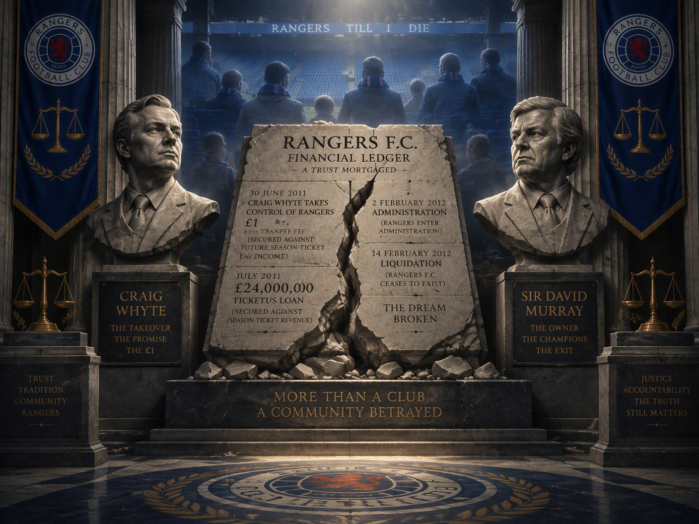 Neoclassical editorial illustration showing allegorical busts of Craig Whyte and David Murray flanking a monumental broken ledger inscribed with takeover and insolvency dates; ghostly football supporters fade in the background behind empty stadium seats; classical columns and justice scales frame the scene, evoking the somber legacy of the Rangers financial scandal.