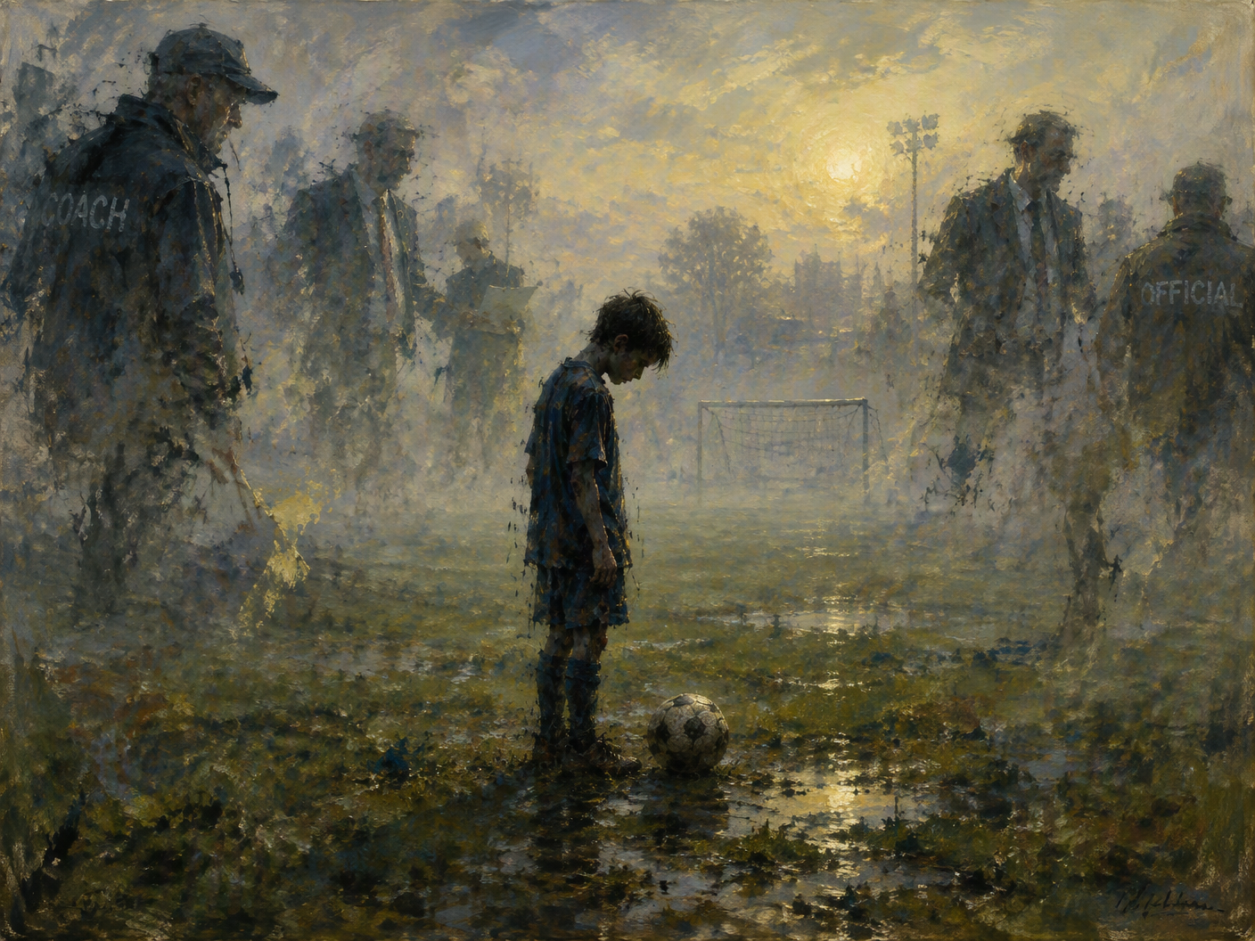 A misty, empty football training ground at dawn with a lone, bowed boy and shadowy, broken figures of adult men fading in the haze, symbolizing silence and the hidden abuse scandal at Crewe Alexandra.