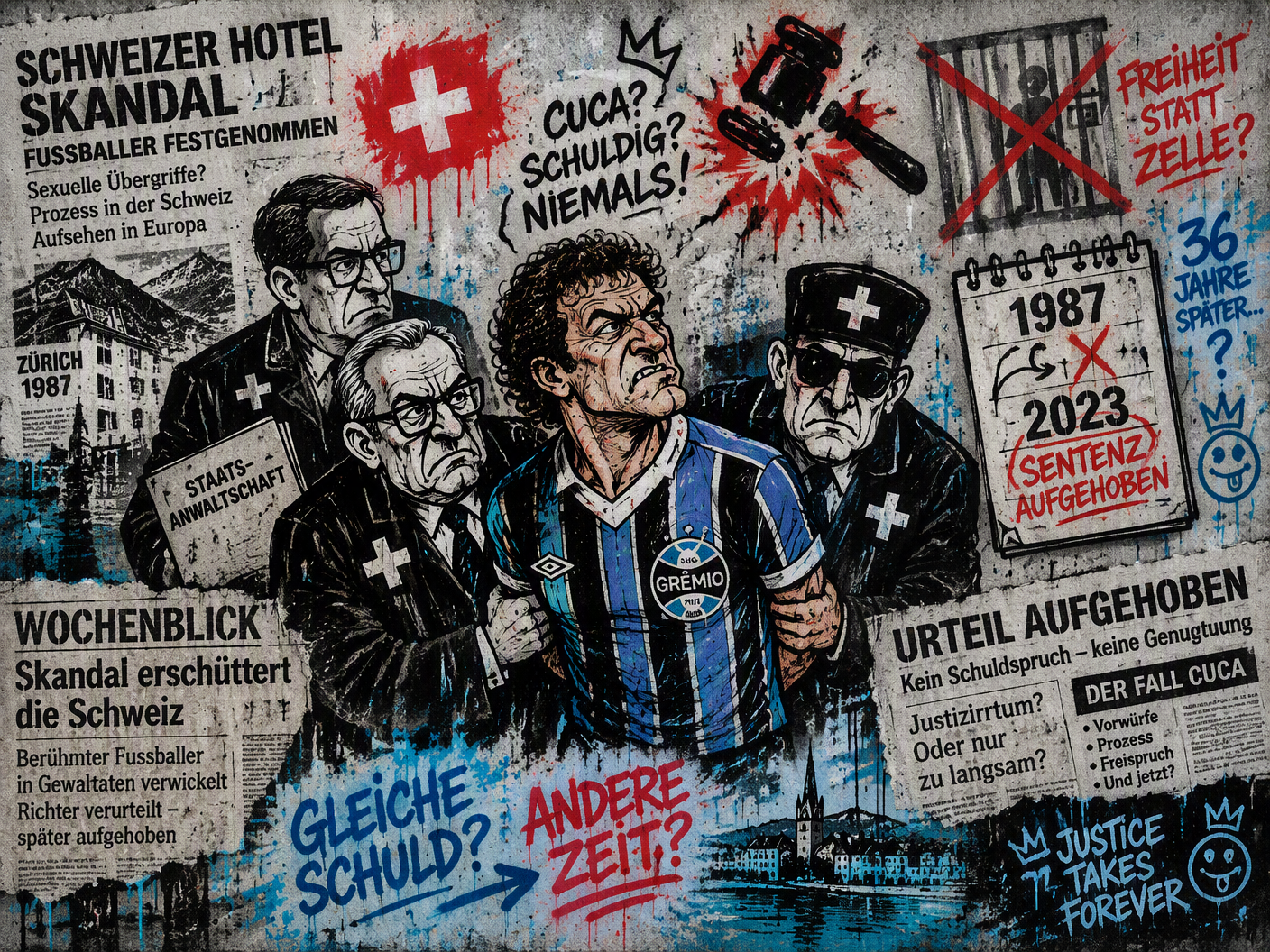 Urban pop style graffiti of footballer Cuca’s chaotic 1987 arrest in Switzerland with jagged marker lines and spray paint, surrounded by cartoon judges, broken gavel, crossed-out prison cell, and calendar tags marking 1987 and 2023 annulment, capturing tension and scandal.