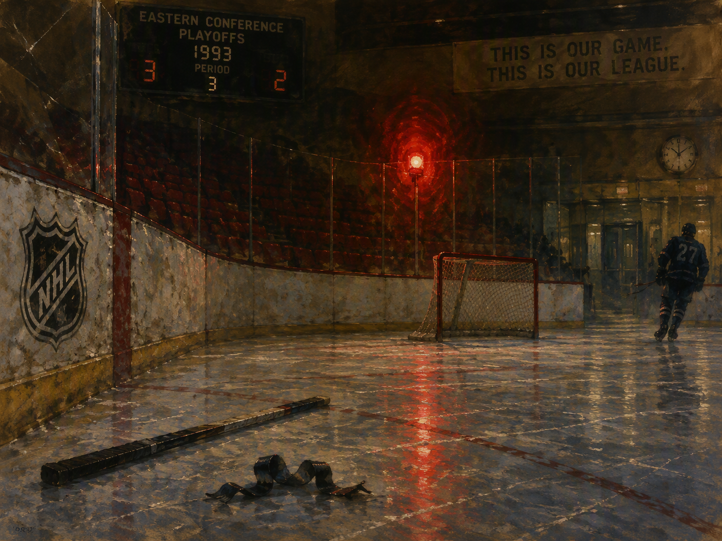 A gouache painting of a hockey rink after a goal, with a red lamp glowing above scratched ice, a stick and leather tape near the boards, dark player silhouettes, empty red seats, and a dim institutional hallway beyond the rink glass.