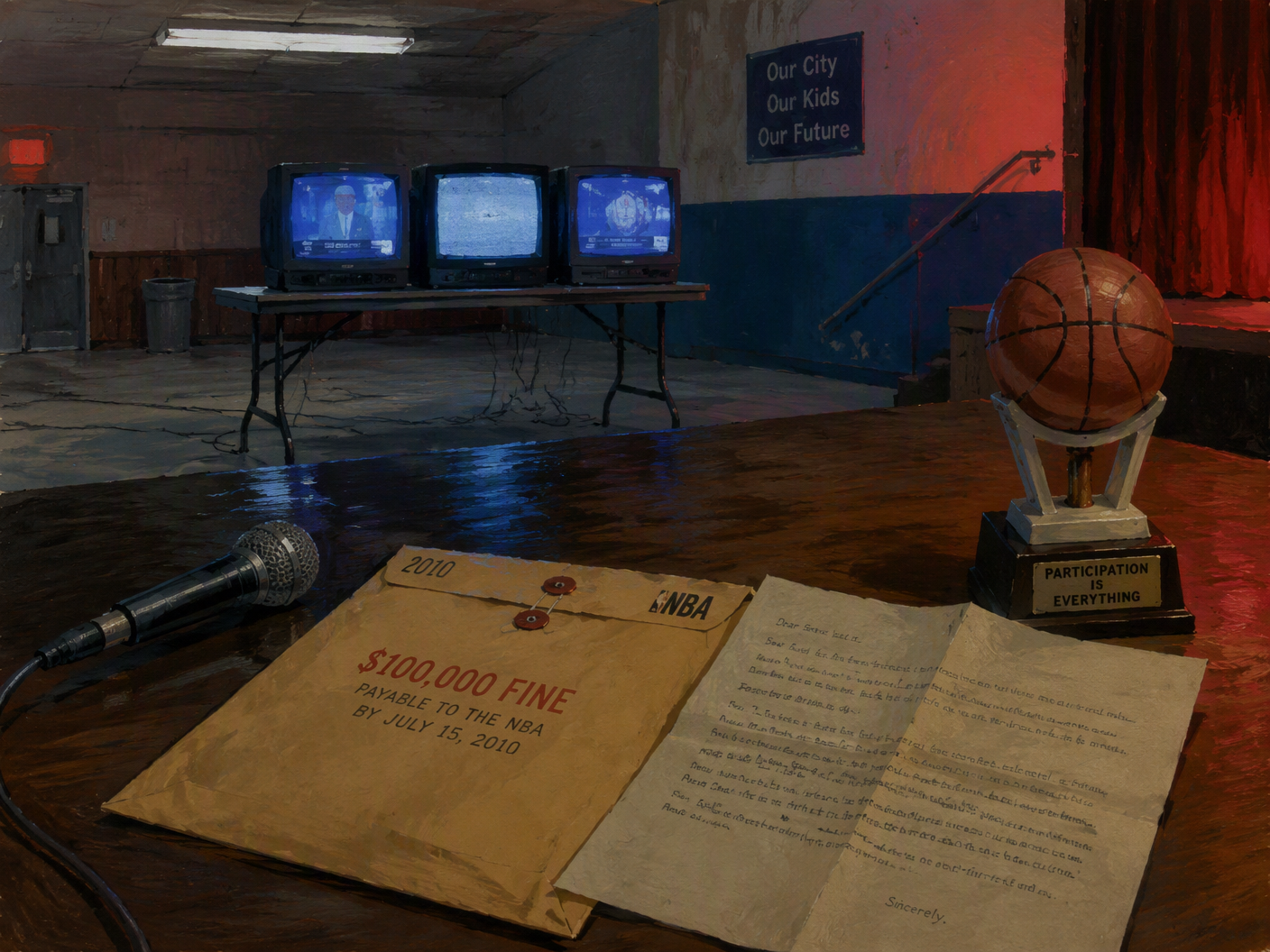 A dim 2010-era recreation-room stage contains television monitors, a microphone, an open letter, a fine envelope, and a plastic basketball trophy, with Miami-red light contrasting against muted Cleveland colors.