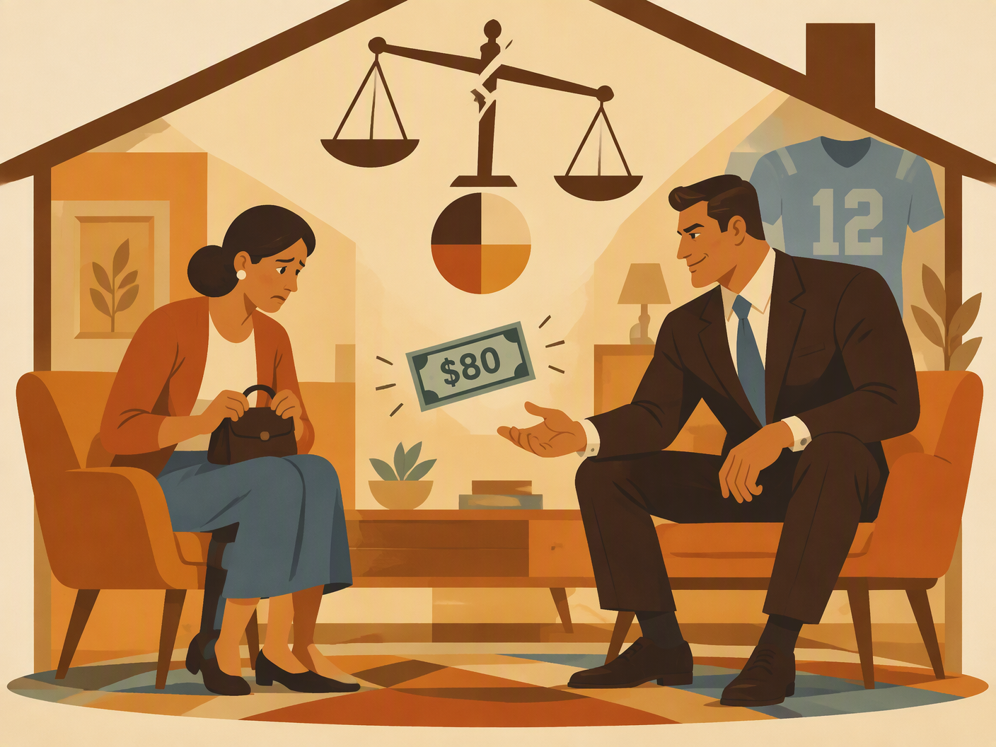 Mid-century modern style illustration of a nervous woman interviewing with a confident man in a home setting, a symbolic $80 bill between them, with a broken scale of justice above reflecting racial fairness issues and legal reversal.