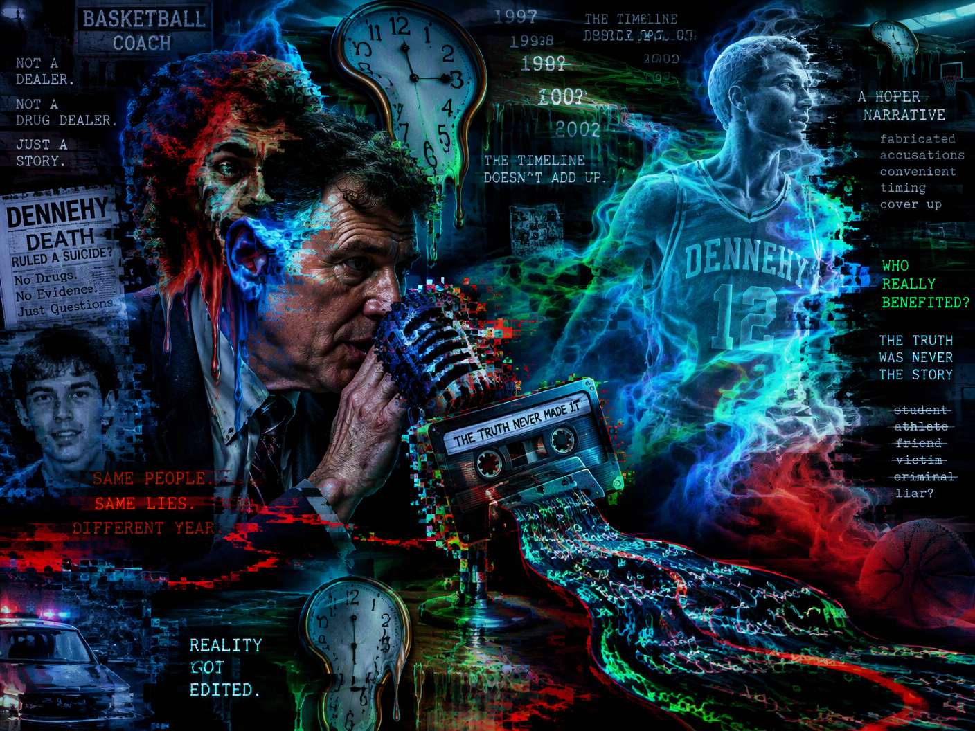 A glitching, melting digital portrait of a basketball coach whispering into a corrupted microphone shaped like a cassette tape, surrounded by ghostly, dissolving figures and swirling neon distortions symbolizing deception and a tragic cover-up.