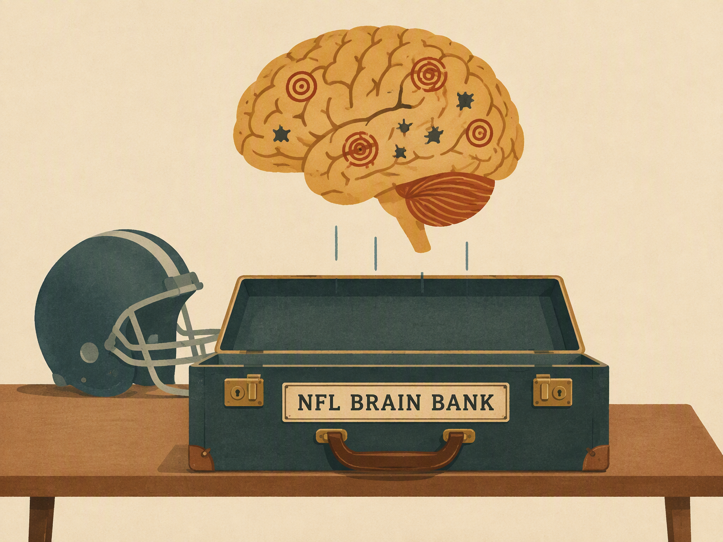 Mid-century modern illustration of a stylized human brain with tau tangles above an open vintage briefcase labeled NFL Brain Bank and a quiet football helmet resting nearby, using warm muted colors and clean shapes to symbolize Dave Duerson's postmortem CTE diagnosis