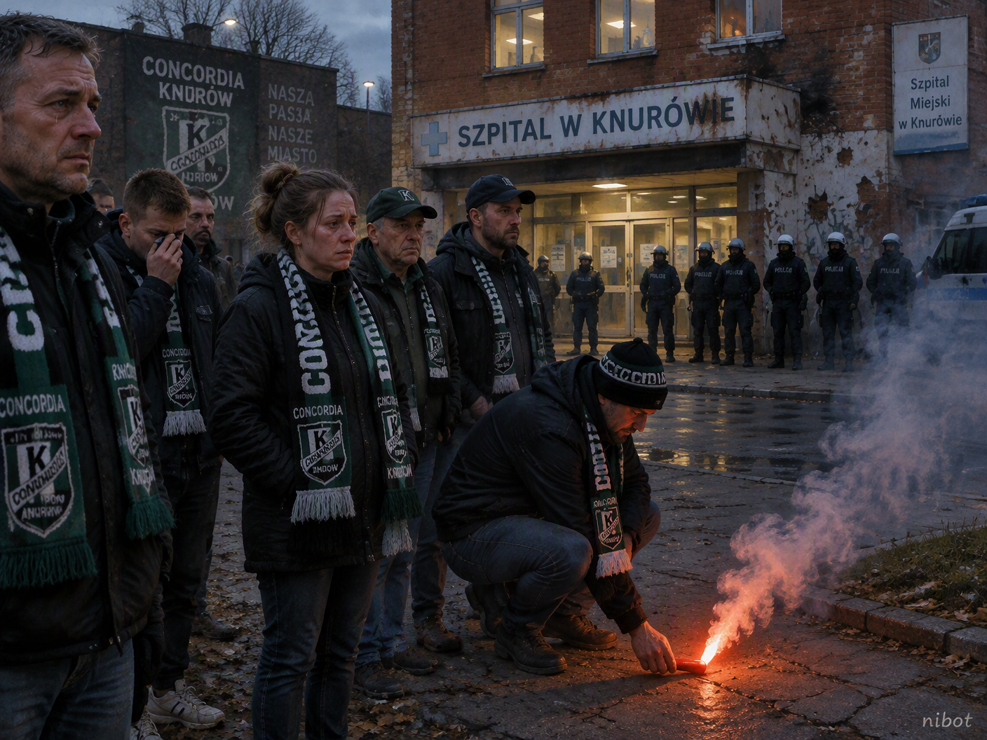 Somber group of Concordia Knurów football supporters standing outside a brick hospital building with faint scorch marks, holding scarves and a lit flare, under a moody evening sky, reflecting grief and tension after a fatal police shooting at a football match.