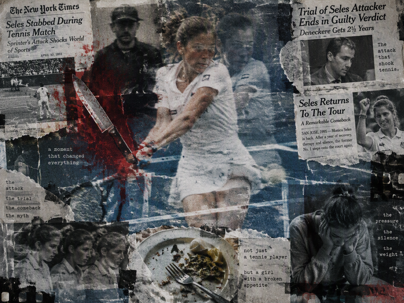A grainy, torn photo collage of Monica Seles mid-tennis swing with ghosted images of a knife, shadowy figure, torn newspaper clippings, and fragmented food plate, rendered in muted blues and grays with red accents, symbolizing trauma, public attack, and private recovery.