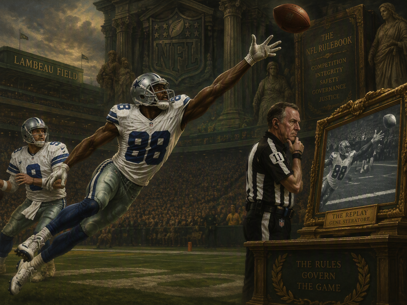 A formal neoclassical tableau showing Dez Bryant reaching desperately for a football during the 2014 playoff game at Lambeau Field, with Tony Romo and referee Gene Steratore reviewing the play on a classical-style replay screen, framed by symbols of the NFL rulebook and institutional authority.