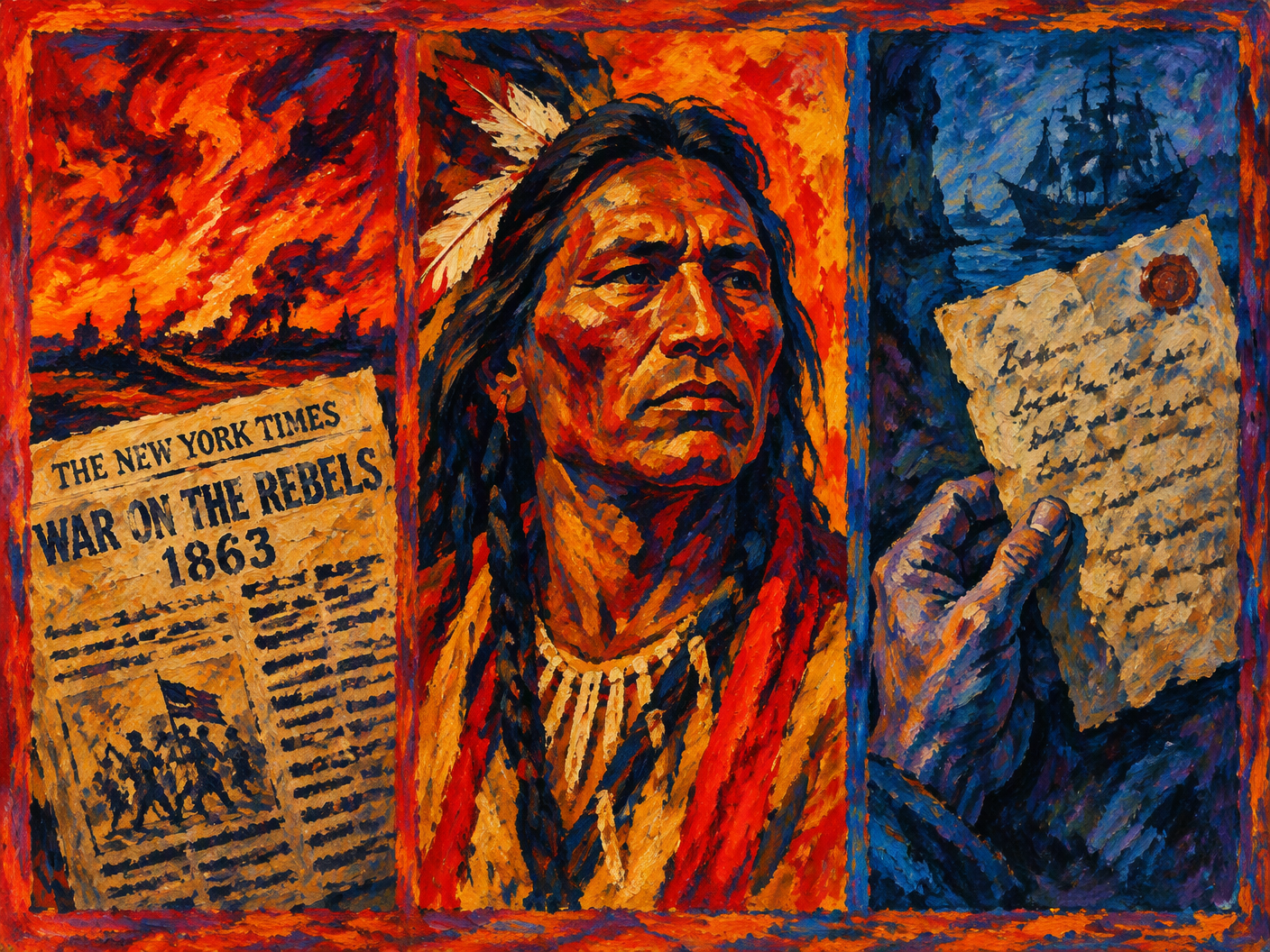 A fauvist triptych painting with fiery red newspaper text on the left, a bold red-ochre portrait of Chief Maringouin center, and a blue-shaded hand holding a faded letter on the right, symbolizing the contested history of the word 'redskin.'