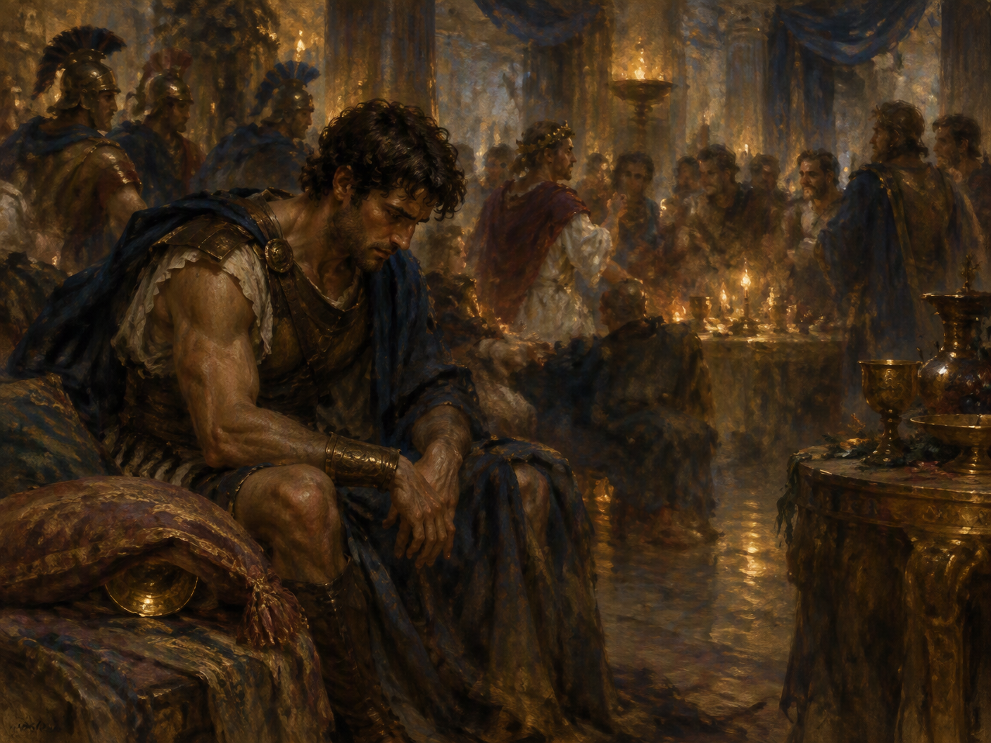 Impressionistic painting of Dioxippus sitting alone at the edge of a dim banquet hall, surrounded by hazy, indistinct Macedonian figures. A golden cup lies subtly beneath a pillow near him. The scene is bathed in warm candlelight with broken, fluid brushstrokes conveying a sense of betrayal and fading honor.