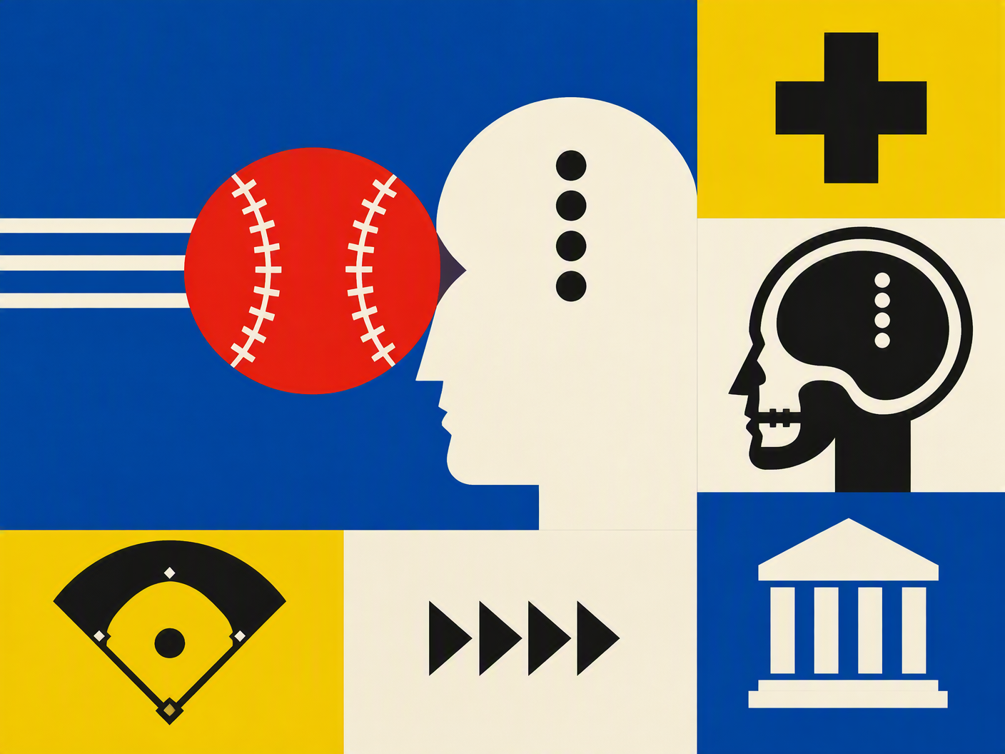 Abstract geometric illustration of a red baseball pitch striking a white human head silhouette with four black circles inside, representing the tantalum buttons from Don Zimmer’s 1953 skull fracture, set against primary color blocks in Bauhaus style.