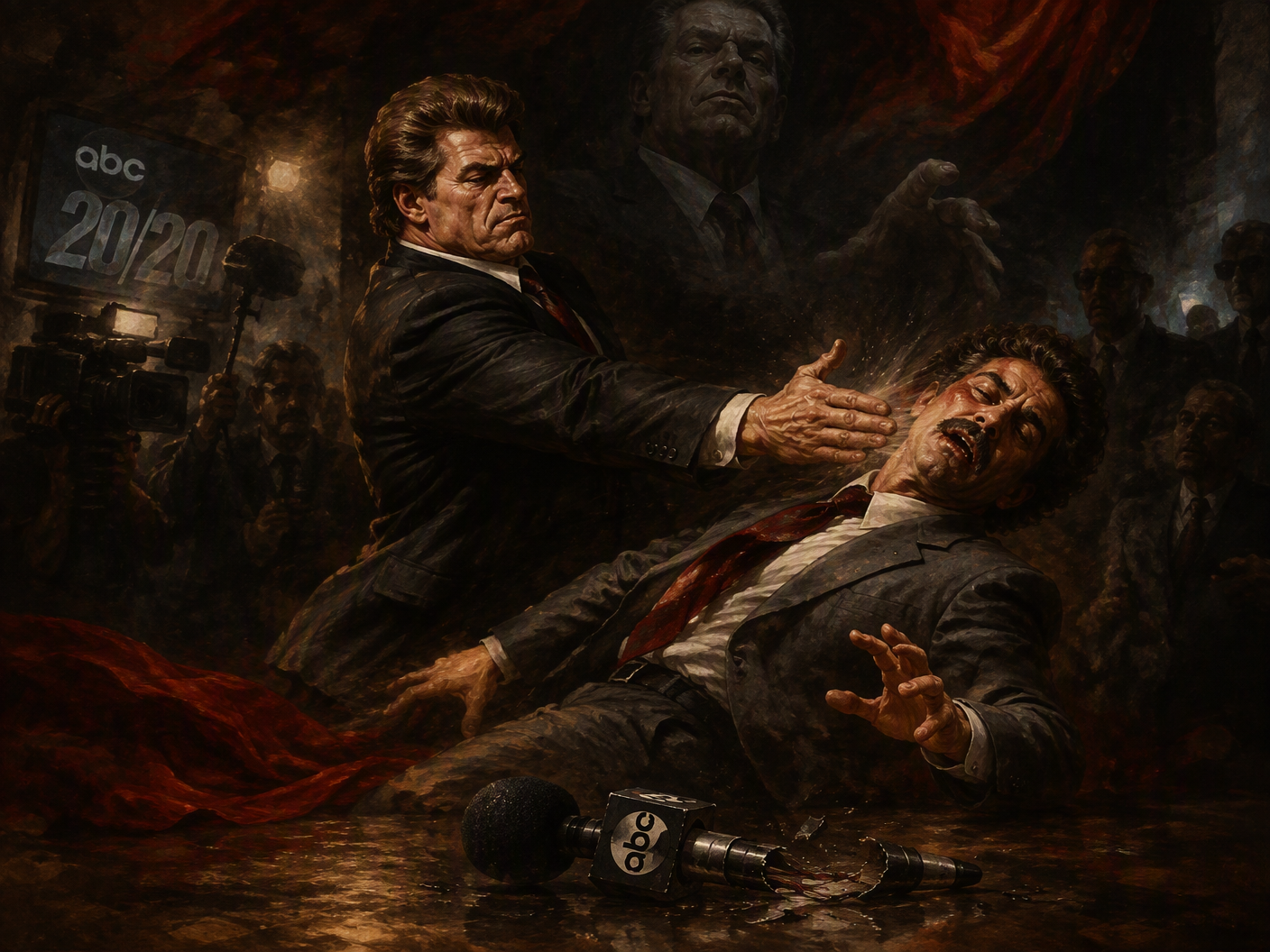 A baroque chiaroscuro painting showing wrestler David “Dr. D” Schultz slapping reporter John Stossel during a 1984 ABC 20/20 segment. Schultz’s hand is extended with intense physical authority, while Stossel recoils mid-fall, eyes wide with shock and pain. Shadows surround them, suggesting witnesses and the looming authority of Vince McMahon as a ghostly figure above Schultz. A broken microphone lies on the floor, symbolizing the violent break from journalistic discourse.
