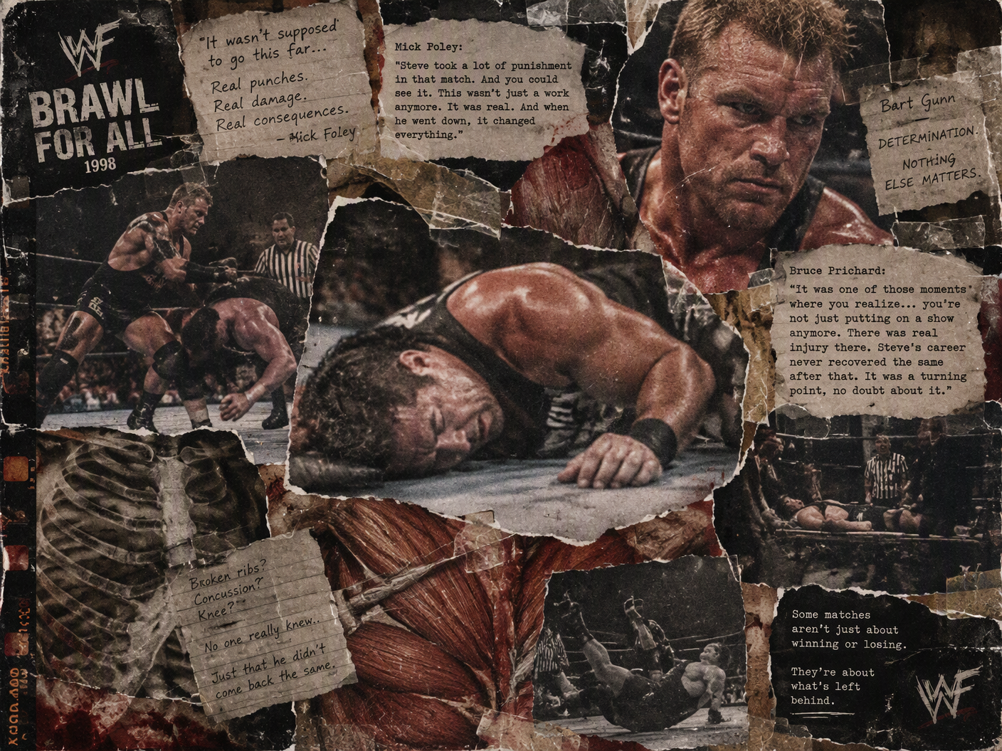 A grainy, torn collage of 1998 WWF Brawl for All fight imagery showing Steve Williams falling injured, Bart Gunn’s determined face, overlaid with damaged film textures and handwritten interview excerpts, symbolizing the shattered career and conflicting memories surrounding the knockout.