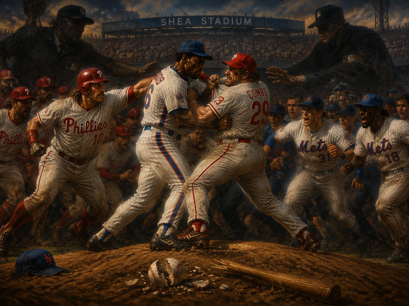 An allegorical oil painting of a 1990s baseball brawl at Shea Stadium, featuring Dwight Gooden wrestling Pat Combs on the mound, with players from both teams rushing the field amid dramatic lighting and a tense crowd backdrop.