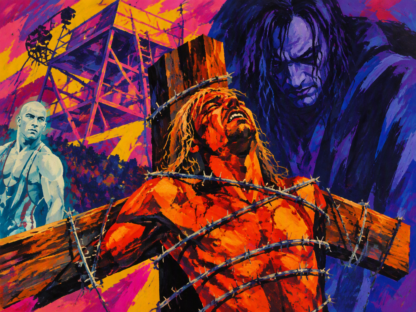 Fauvist style painting showing The Sandman bound to a wooden cross wrapped in barbed wire, painted in fiery reds and oranges, with Raven’s dark purple figure looming behind him. Abstract scaffold structures in vivid yellow and magenta form the backdrop, and a calm, pale figure representing Kurt Angle stands on the edge, all rendered with broad brushstrokes and flattened space to convey intense emotional heat and tension.
