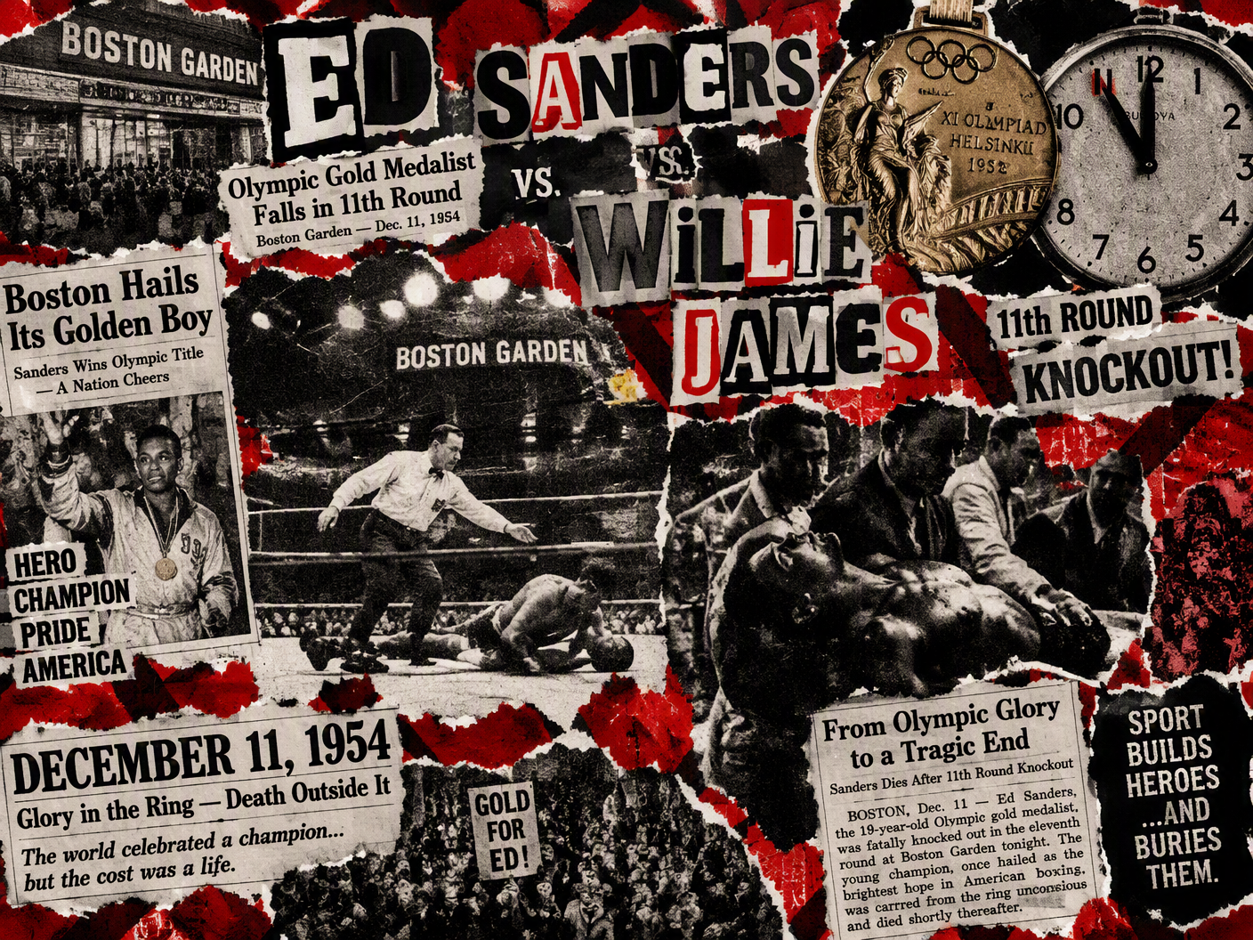A torn paper collage showing a boxer collapsing after a knockout in the eleventh round, with fragments of an Olympic gold medal and a jagged, red-and-black Boston Garden backdrop, evoking tragedy and protest against the deadly cost of professional boxing.