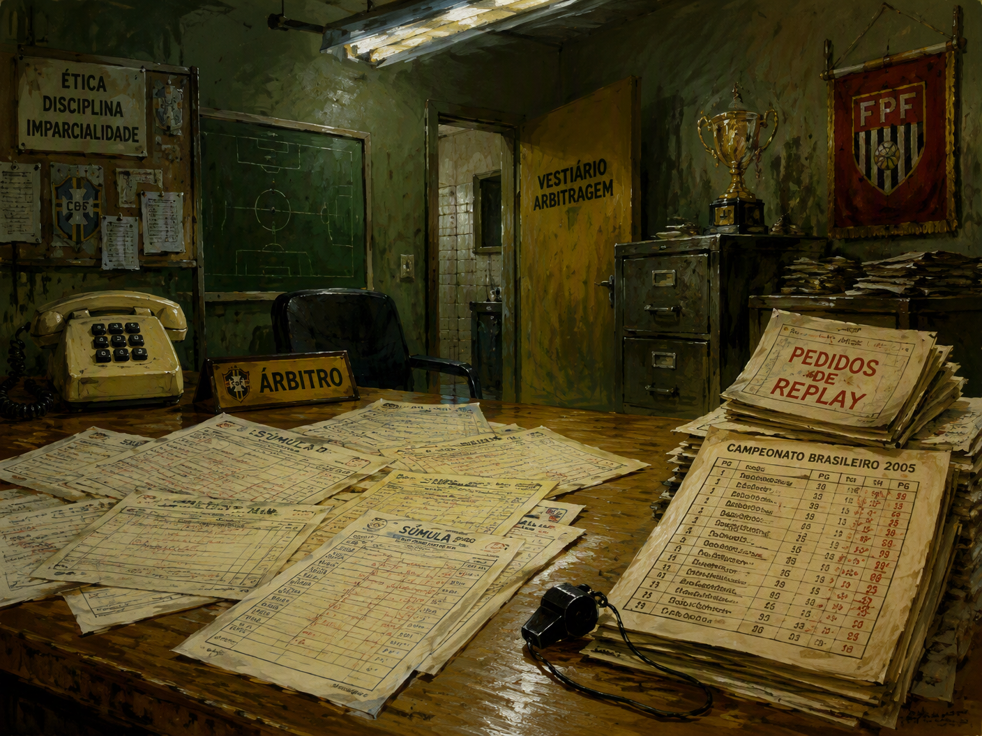 A referee's whistle and eleven corrected match sheets sit on a wooden desk beside replay orders and a blurred trophy in a dim Brazilian football office.