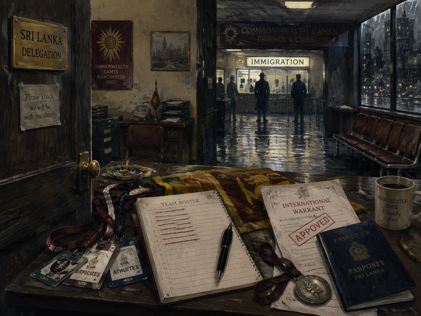 A dim office corridor with a folded Sri Lankan flag, crossed-out team roster, abandoned lanyards, medal, passport folder, and red-stamped warrant beside a glowing immigration desk.