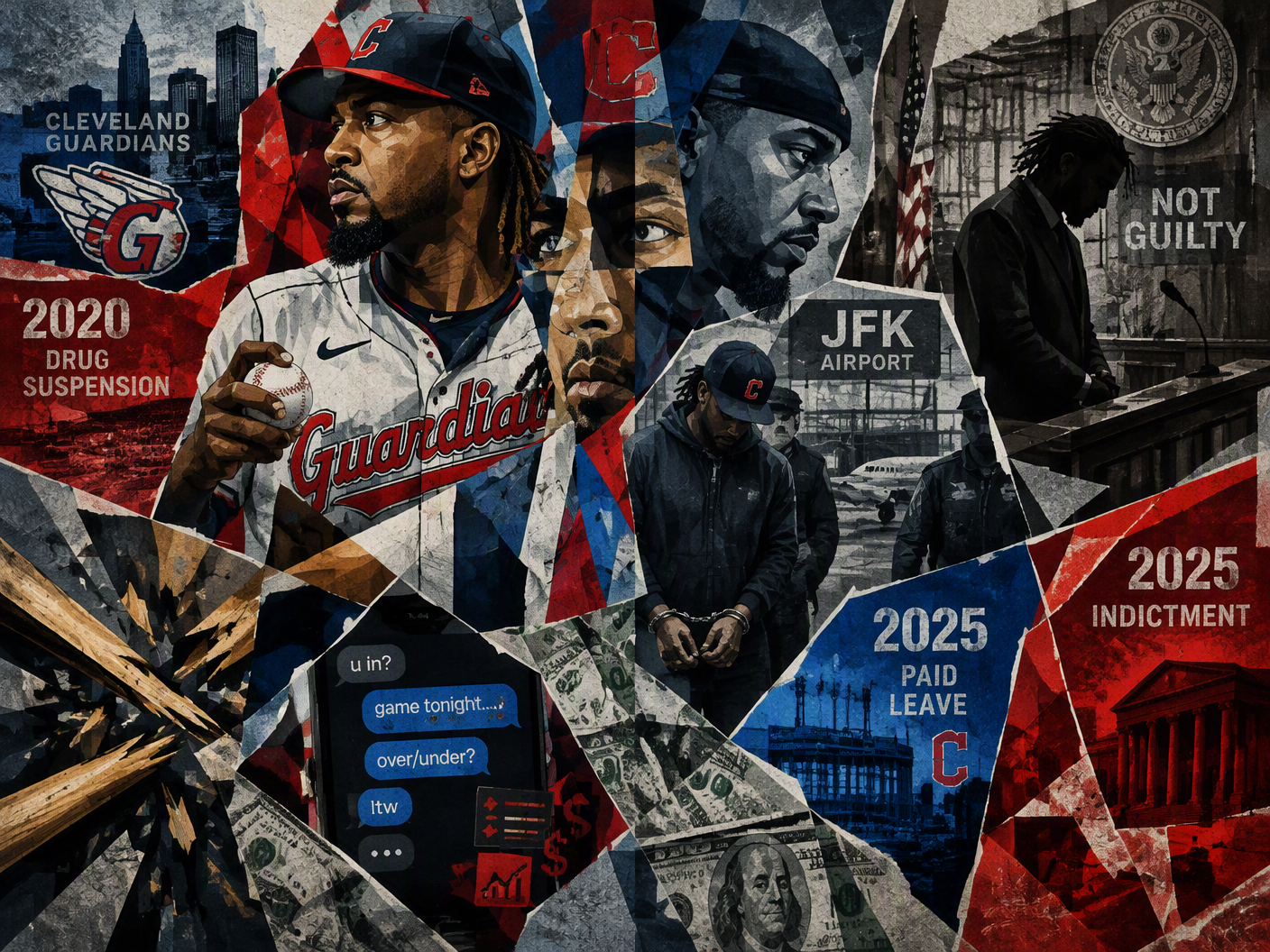 Cubist illustration of Emmanuel Clase depicted from multiple angles, combining imagery of baseball pitching, handcuffs, and courtroom scenes with symbolic shards of broken bats and money, representing the complex allegations and legal proceedings against him.