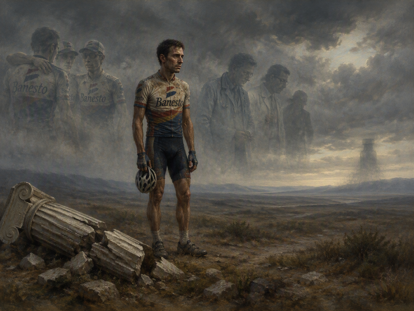 A lone, classical cyclist figure stands in a muted, empty landscape under a cloudy sky. Ghostly translucent teammates and doctors fade into the mist around him. A broken classical column lies in the foreground and a faint shadow of a doping vial dissolves into the horizon, symbolizing a fractured legacy and the loneliness after confession.