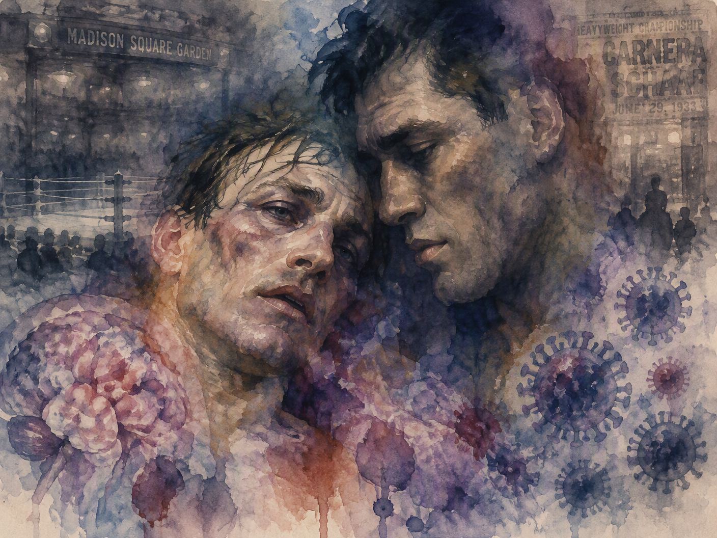 Watercolor expressionist portrait of two boxers’ faces, Ernie Schaaf and Primo Carnera, merging and dissolving into each other with transparent pigment blooms and soft layers, surrounded by abstract forms suggesting brain swelling and illness, evoking the fading memory and complex emotions of Schaaf’s knockout and death.