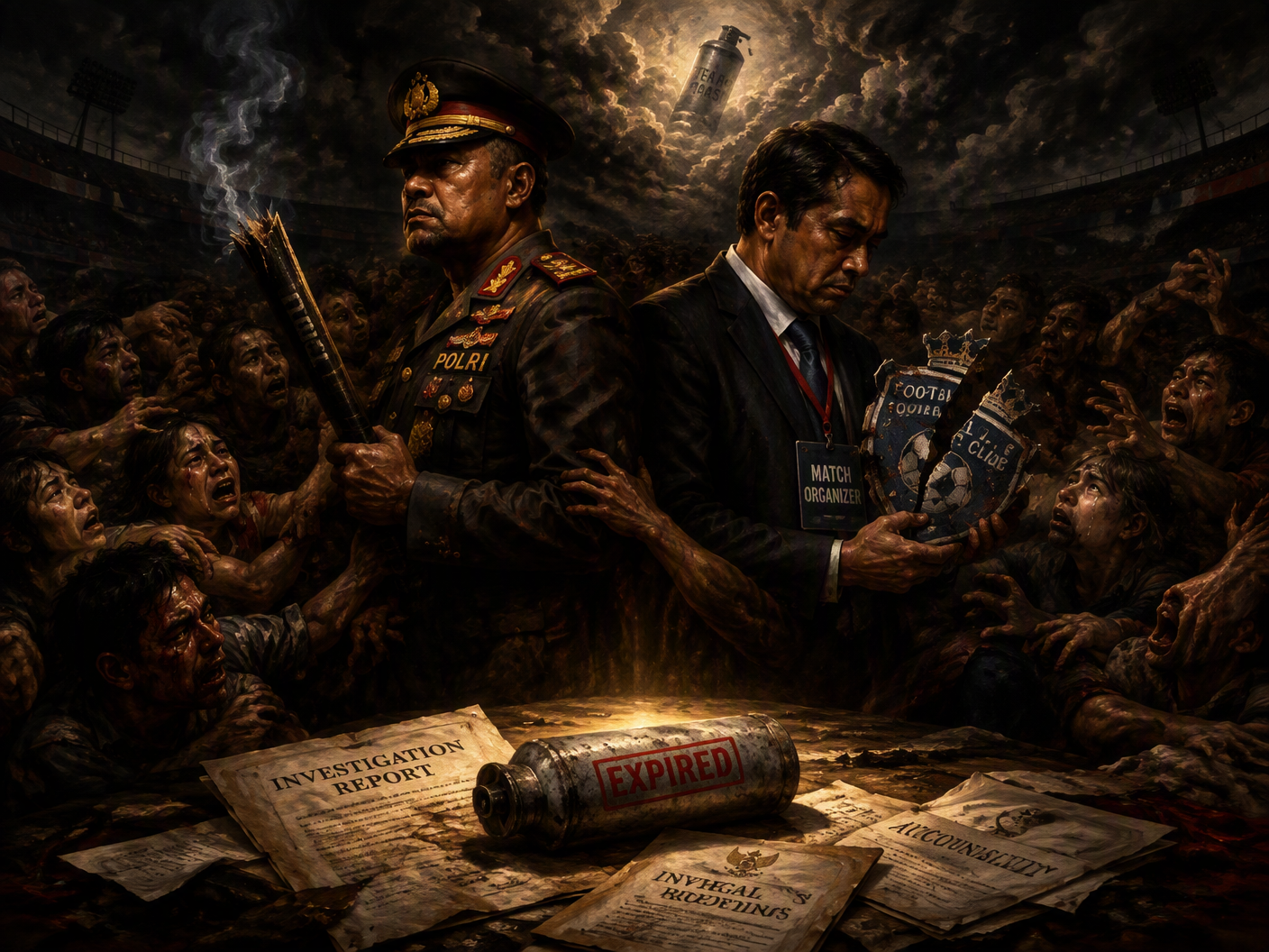 A dramatic baroque-style painting portraying Indonesian police and football organizers as central figures surrounded by a distressed, crowded stadium scene. They stand back to back under stark light, holding broken symbols of power amid a swirling shadowy mass of terrified spectators. Above them floats an expired tear gas canister glowing ominously. Scattered legal papers and a smoking baton lie in the foreground, symbolizing fractured responsibility. The palette of dark reds, ochres, and grays enhances the intense, theatrical atmosphere of tragedy and moral reckoning.