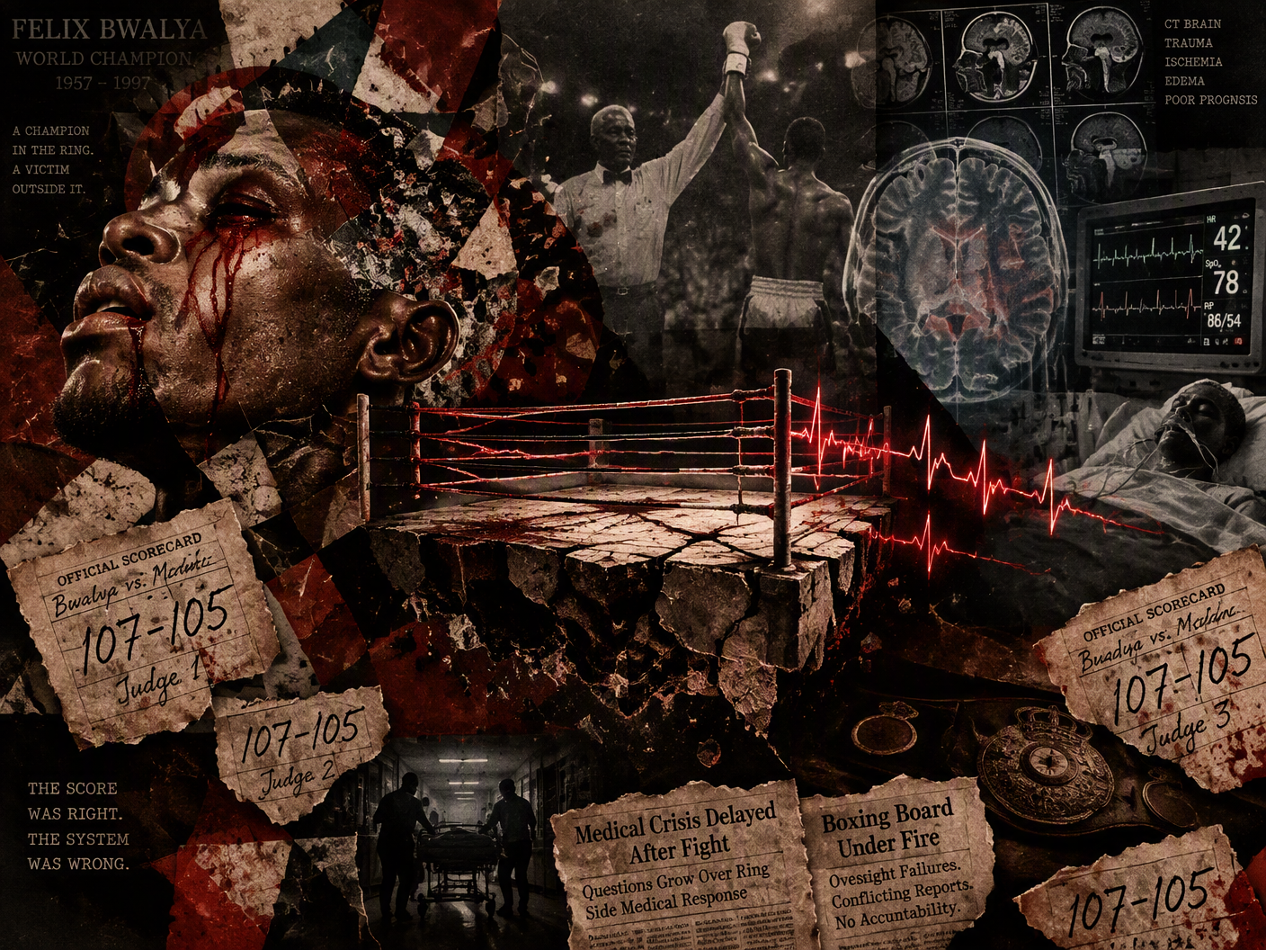Abstract surreal collage showing a fragmented boxer’s head merging with a cracked boxing ring, symbolic heartbeat ropes, ghostly referee’s hand, medical scans, and torn scorecards expressing the tragedy of Felix Bwalya’s last fight and its tragic aftermath.