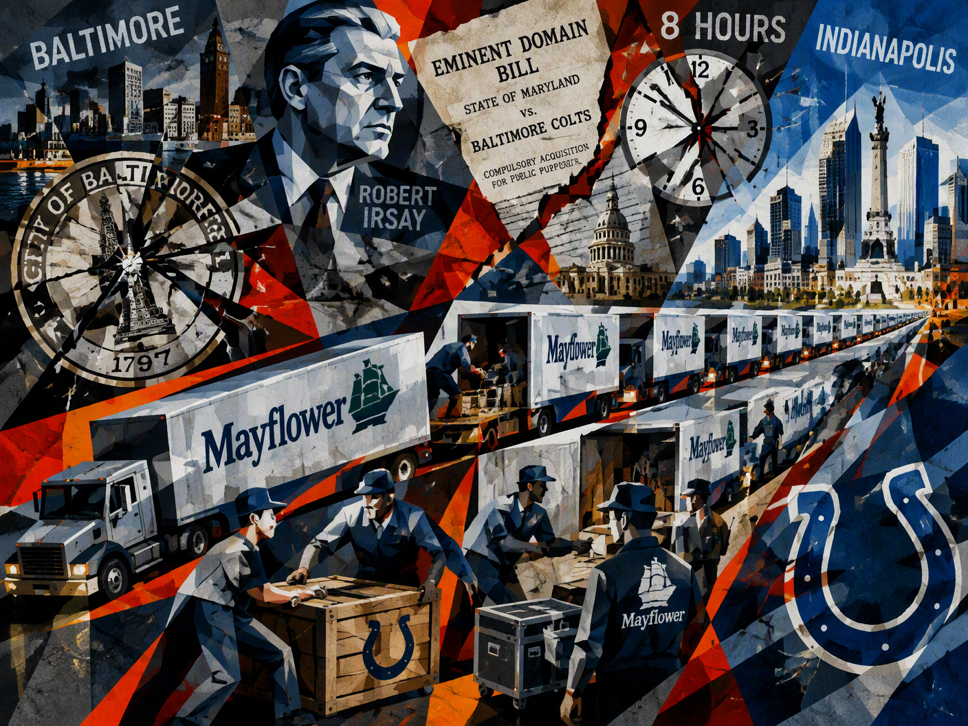 Cubist digital collage showing fragmented Mayflower trucks loading behind shattered Baltimore and Indianapolis city shapes, with abstract figures and symbolic documents layered to depict the Colts' rapid move in 1984 amid legal and political conflict.