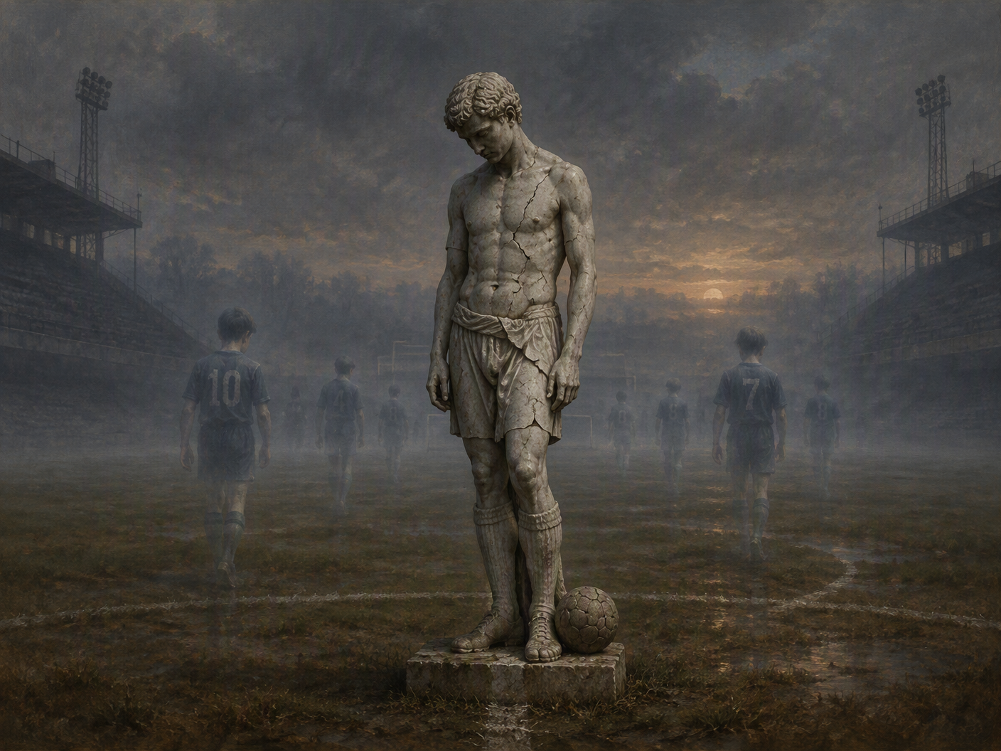 A classical-style marble statue of a bowed young male figure on an empty, misty football pitch at dusk, surrounded by ghostly, blurred figures of boys in old football kits fading into the fog, symbolizing lost innocence and hidden abuse in English youth football.