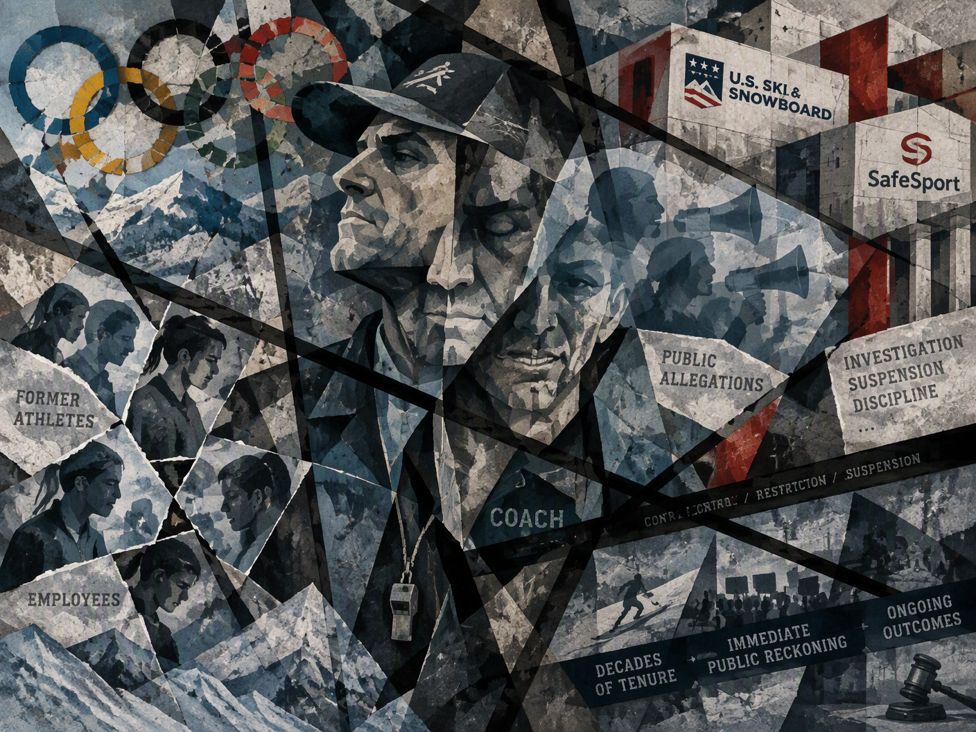 Cubist-style fragmented depiction of a male coach surrounded by shattered symbols of accusation, institutional authority, and disjointed Olympic rings representing the scandal and suspension of Peter Foley.