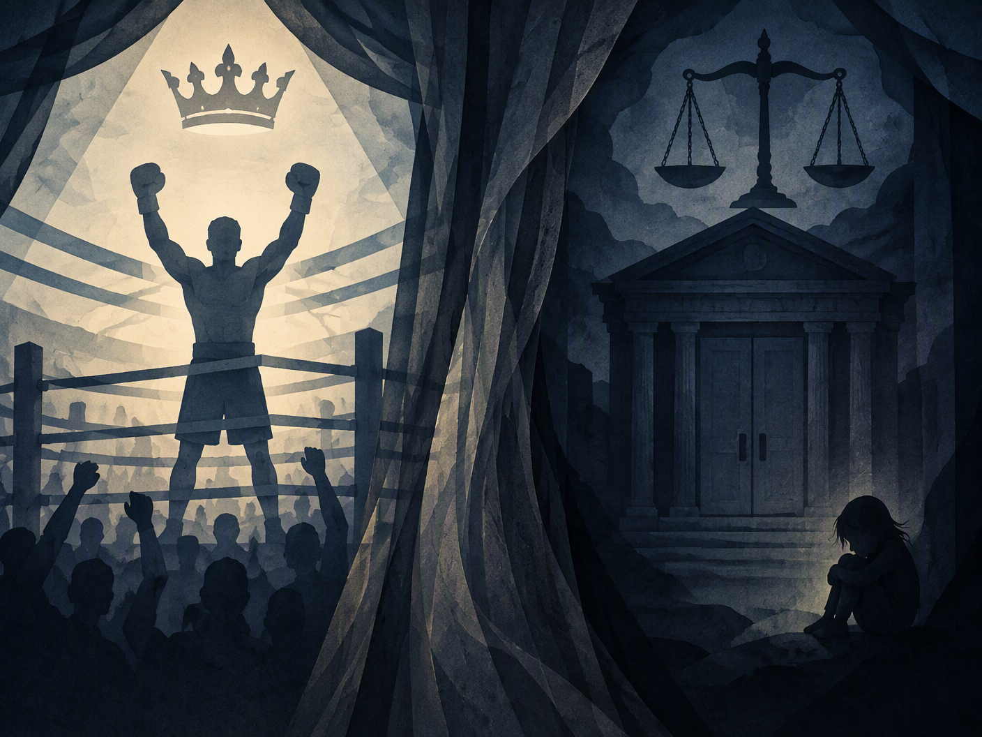 Silhouette cut-paper image showing two scenes on a shadow theater stage: a victorious boxer raising gloves under a floating crown on the left, and a dark courthouse with a small child in shadow on the right, separated by a soft veil of shadowy drapes, capturing the dual story of Carlos Baldomir’s boxing career and criminal conviction.