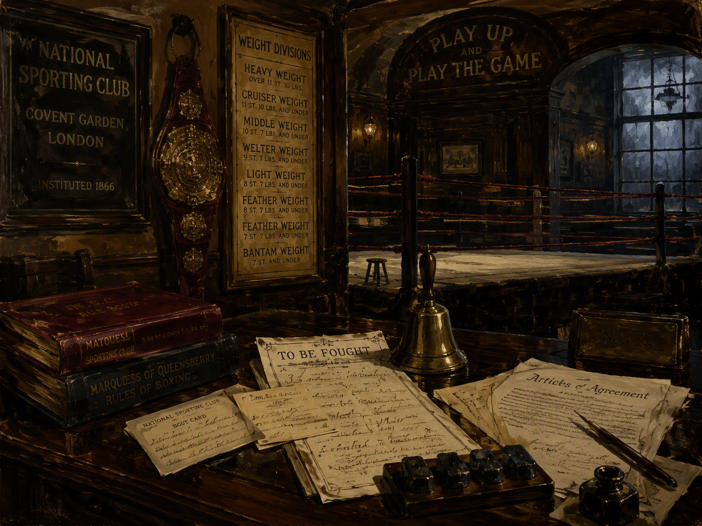 A dim period boxing club shows an empty ring, a mahogany desk with rulebooks and legal papers, a brass bell, four dark ledger marks, a weight-division chart, and a championship belt.