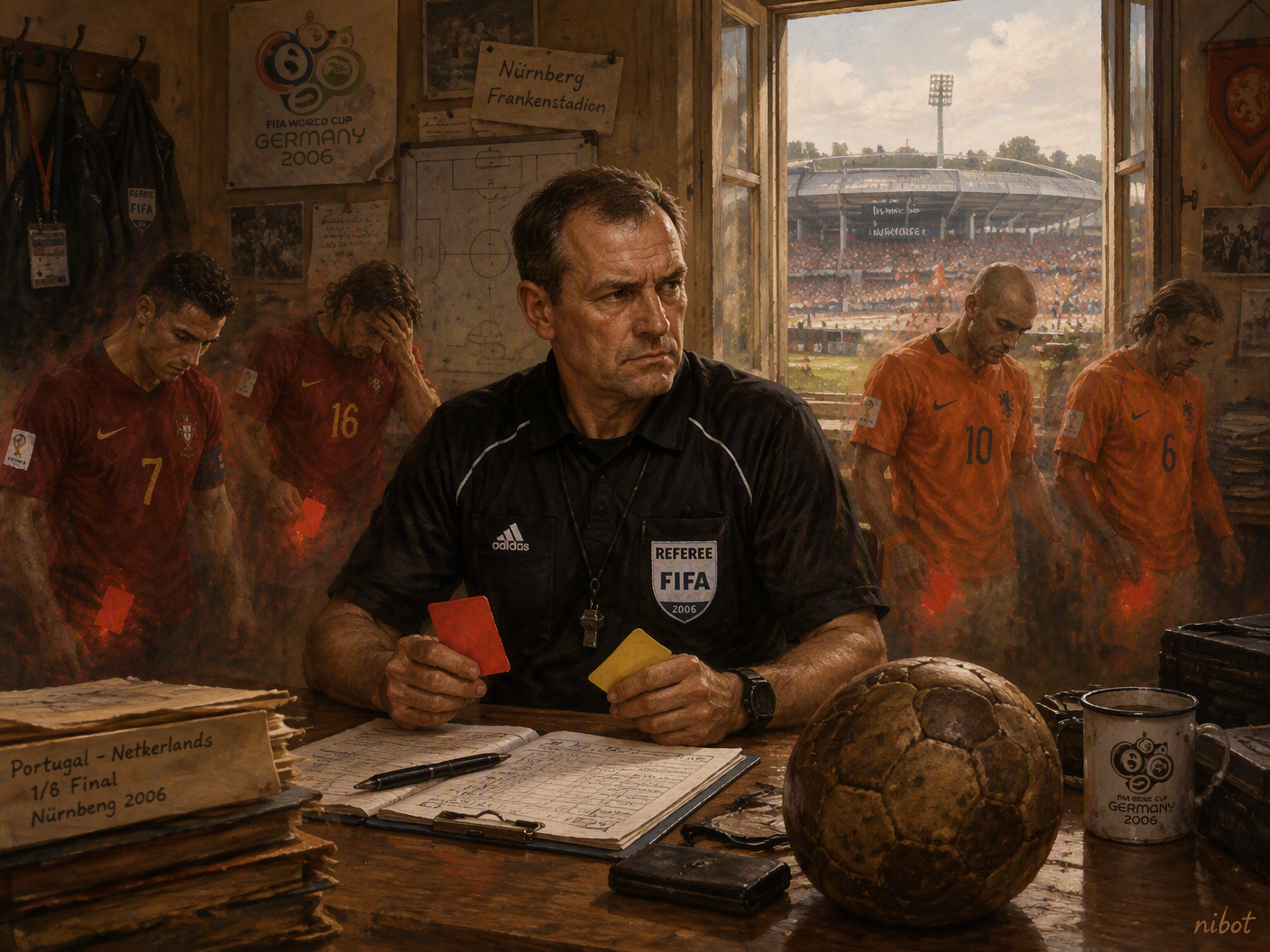 Painterly realistic scene of referee Valentin Ivanov sitting at a wooden desk with red and yellow cards in hand, surrounded by ghostly figures of four dismissed players from Portugal and the Netherlands, inside a sunlit room overlooking the 2006 World Cup stadium in Nuremberg.