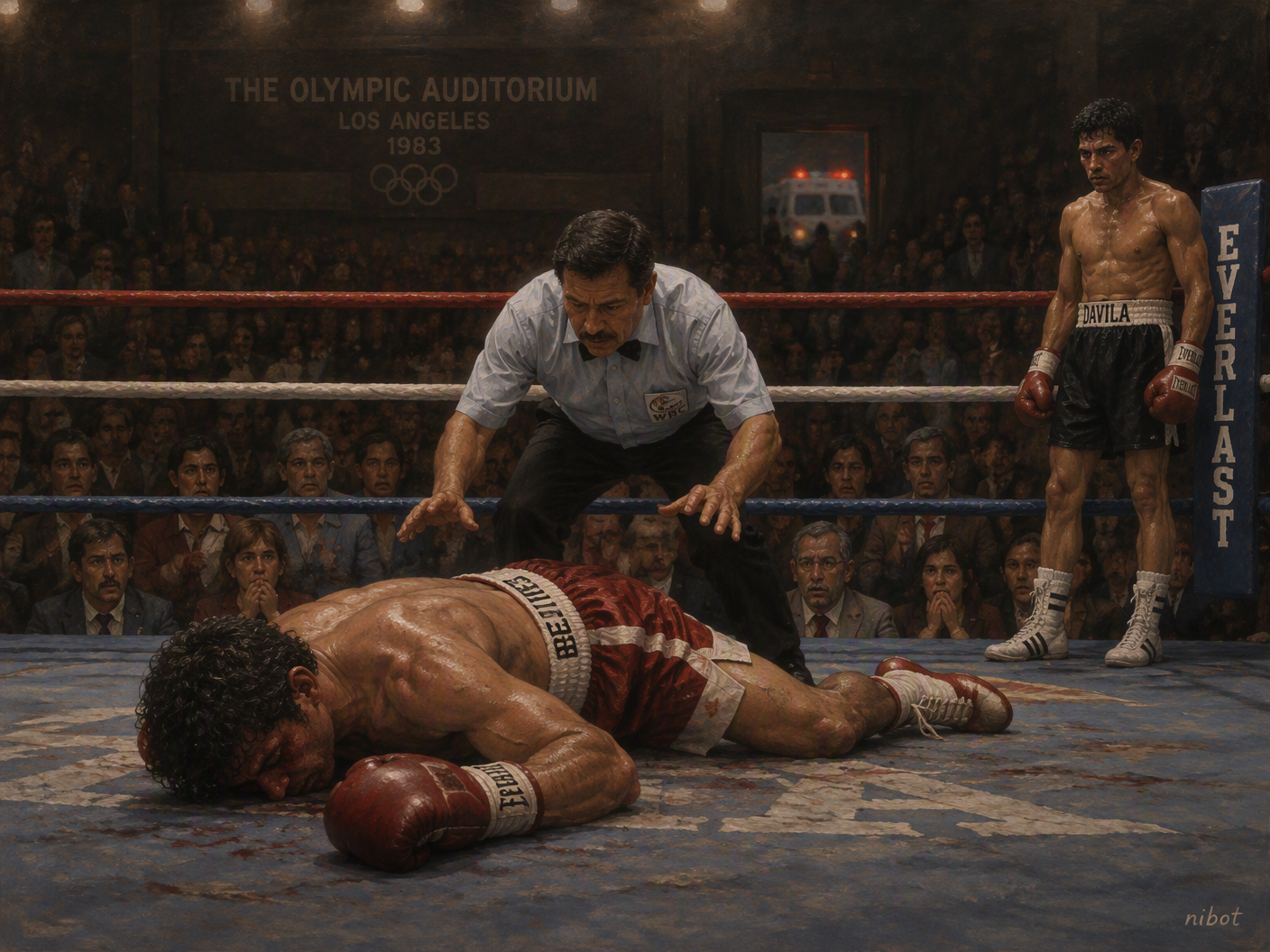 Painterly scene of 1983 Olympic Auditorium ring during final round of Francisco Bejines vs. Alberto Davila fight. Bejines is collapsed on the canvas after a knockdown, referee watching closely, Davila standing ready, audience frozen in concern. Warm, muted colors convey the somber mood.