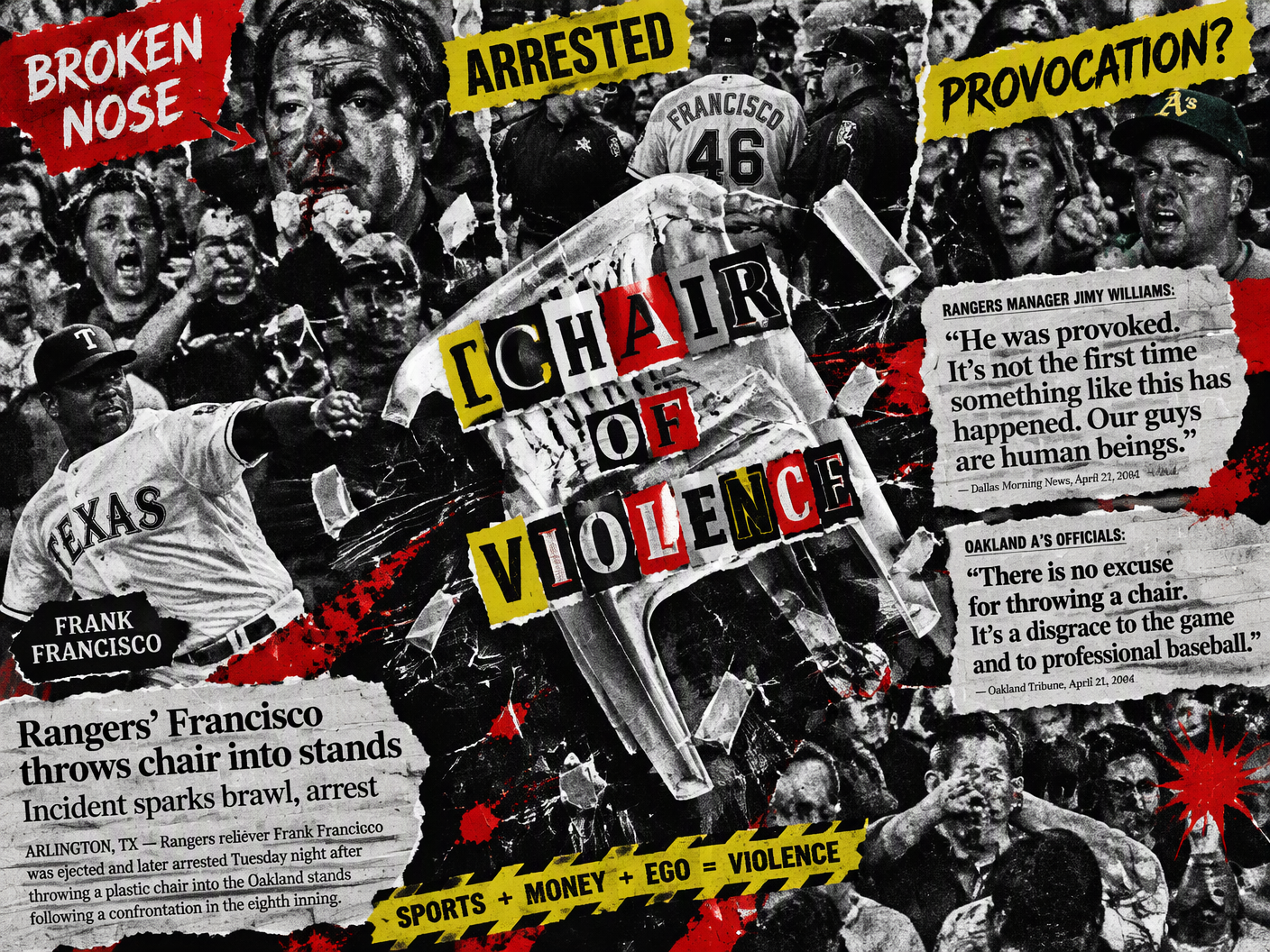 A torn paper collage of a plastic chair flying into a crowd at a baseball game, with ransom-note letters and newspaper clippings highlighting conflict, injury, and disputed blame.