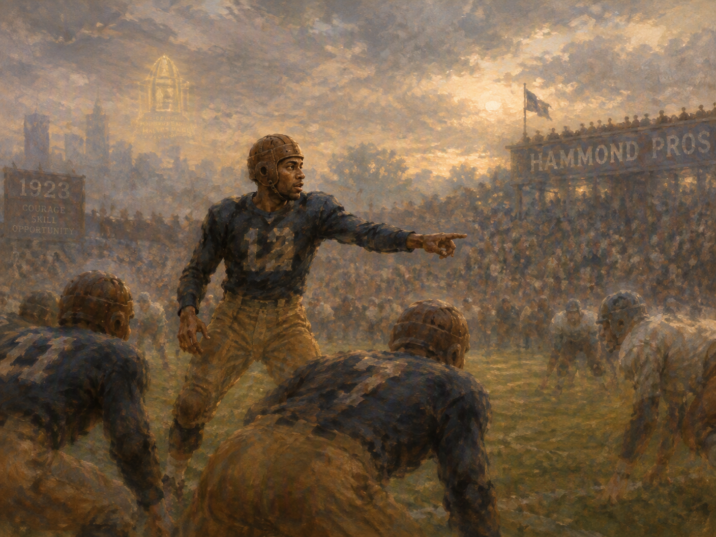 Impressionistic painting of Fritz Pollard standing as quarterback for the 1923 Hammond Pros under soft, hazy light, his figure poised with quiet authority among indistinct teammates on a muted earth-toned football field, symbolizing a moment of early Black leadership in the NFL.