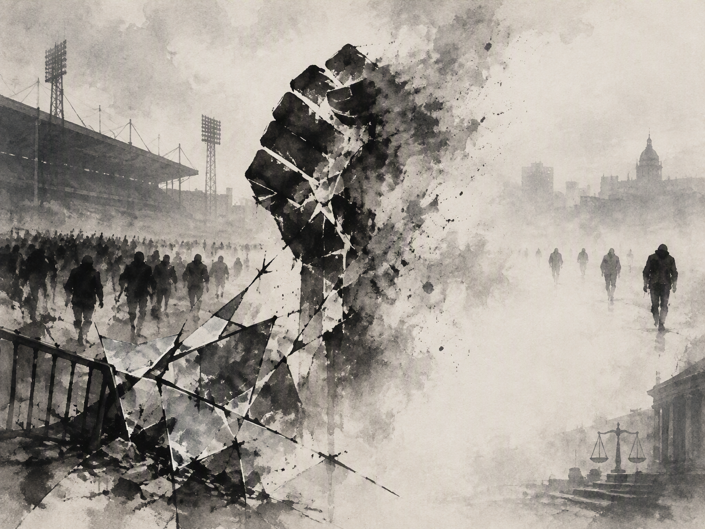 Ink wash painting depicting an abstract urban football stadium shrouded in mist with calligraphic strokes suggesting broken barricades and dispersed shadowy figures, symbolizing the Chelsea Headhunters’ violent legacy and the silence of justice.