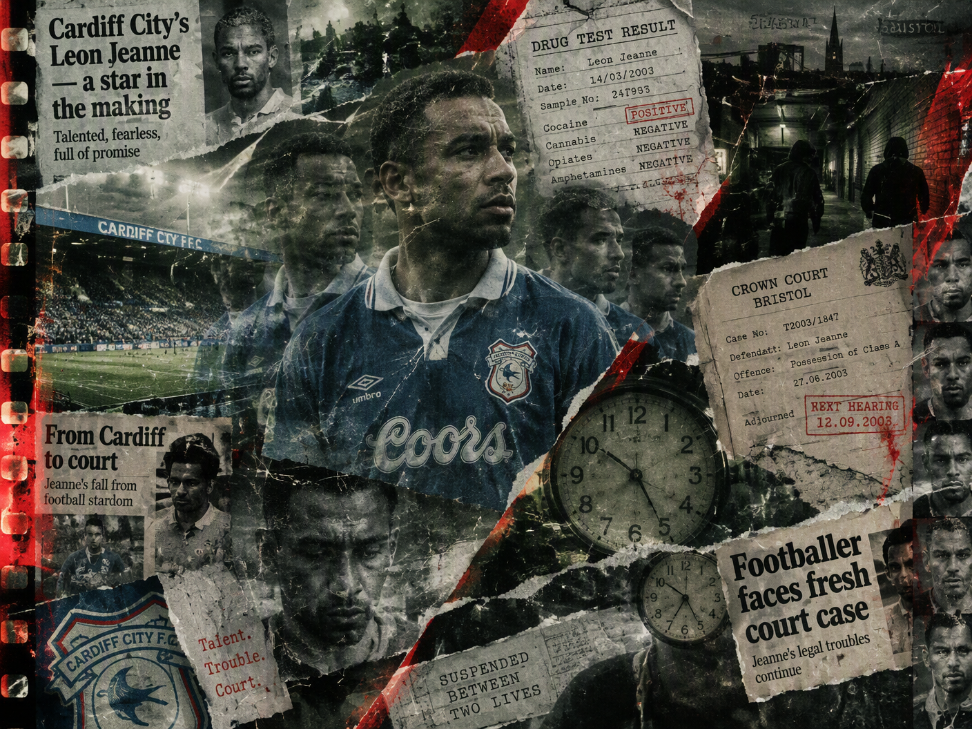 A grainy photo collage depicting repeated faded images of footballer Leon Jeanne in a Cardiff City jersey, layered with torn drug test forms, court papers, and shadowy urban environments symbolizing his complex journey through sport and the criminal justice system.